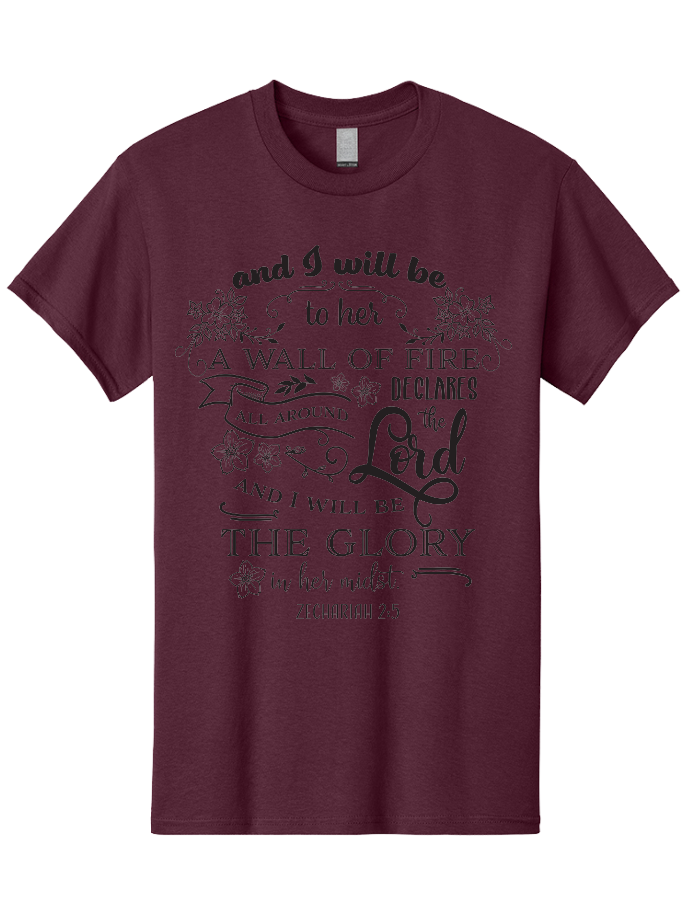 Zechariah-2-5 Men'S Graphic Tee, 100% Cotton, Comfortable Casual Summer Wear, Machine Washable, Inspirational Quote, Zechariah 2:5, Wall Of Fire, Divine Protection, God'S Glory, Scripture Art, Floral Designs, Faith-Based Graphics, Aad354 19