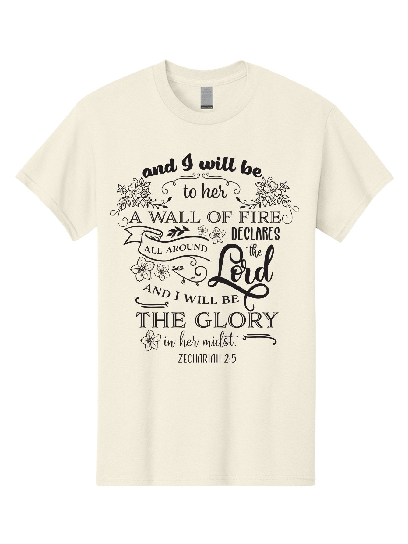 Zechariah-2-5 Men'S Graphic Tee, 100% Cotton, Comfortable Casual Summer Wear, Machine Washable, Inspirational Quote, Zechariah 2:5, Wall Of Fire, Divine Protection, God'S Glory, Scripture Art, Floral Designs, Faith-Based Graphics, Aad354 10