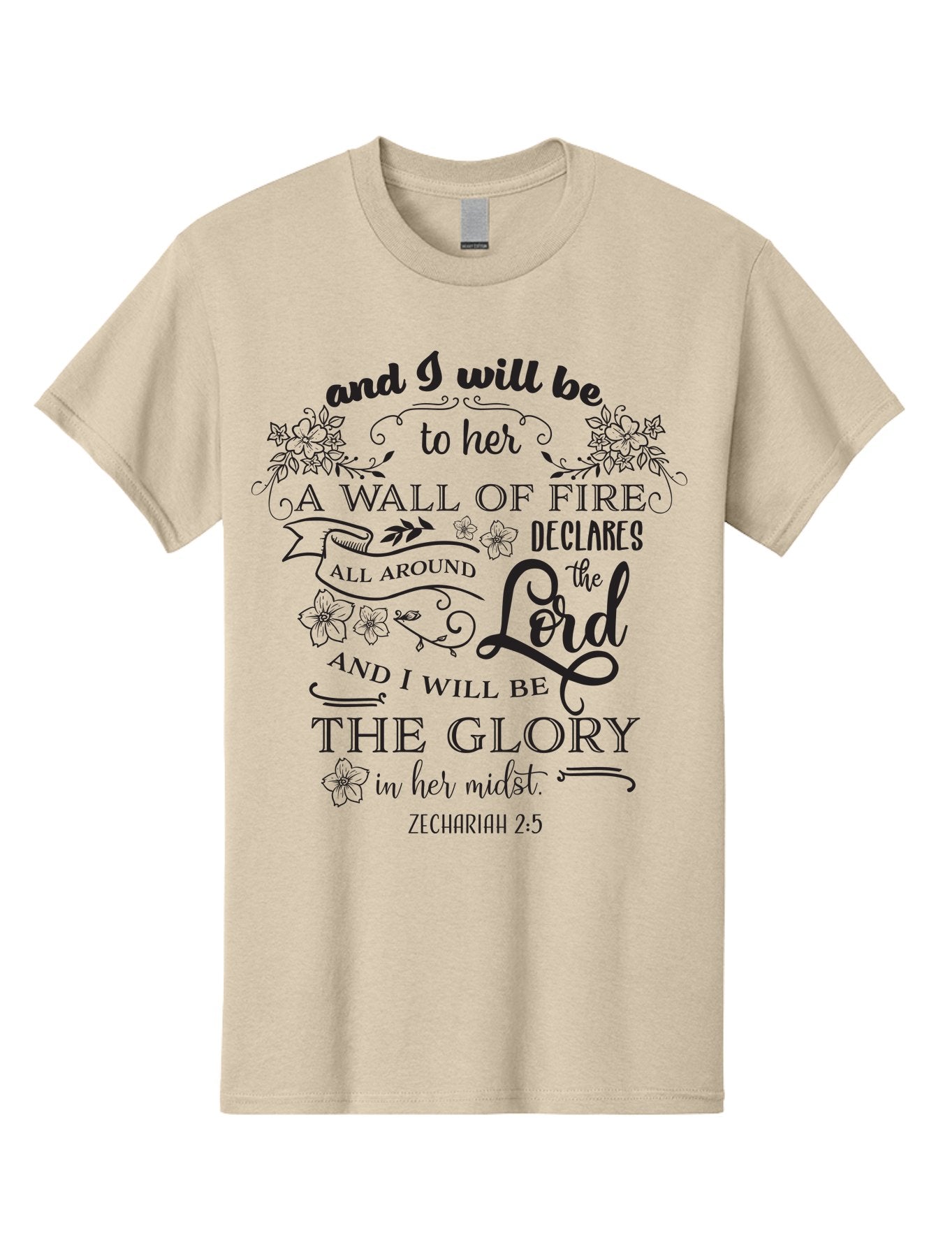 Zechariah-2-5 Men'S Graphic Tee, 100% Cotton, Comfortable Casual Summer Wear, Machine Washable, Inspirational Quote, Zechariah 2:5, Wall Of Fire, Divine Protection, God'S Glory, Scripture Art, Floral Designs, Faith-Based Graphics, Aad354 12