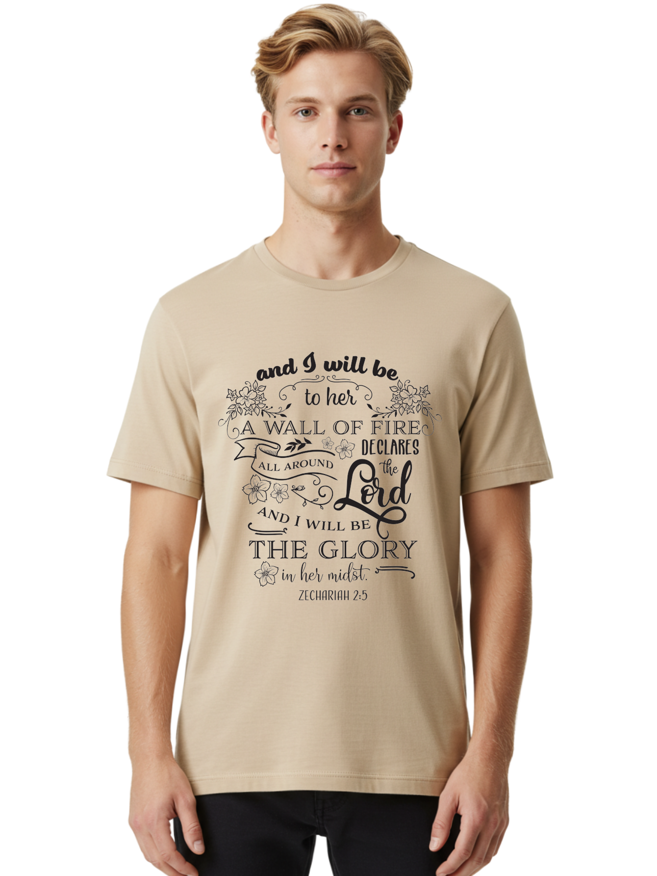 Zechariah-2-5 Men'S Graphic Tee, 100% Cotton, Comfortable Casual Summer Wear, Machine Washable, Inspirational Quote, Zechariah 2:5, Wall Of Fire, Divine Protection, God'S Glory, Scripture Art, Floral Designs, Faith-Based Graphics, Aad354 6