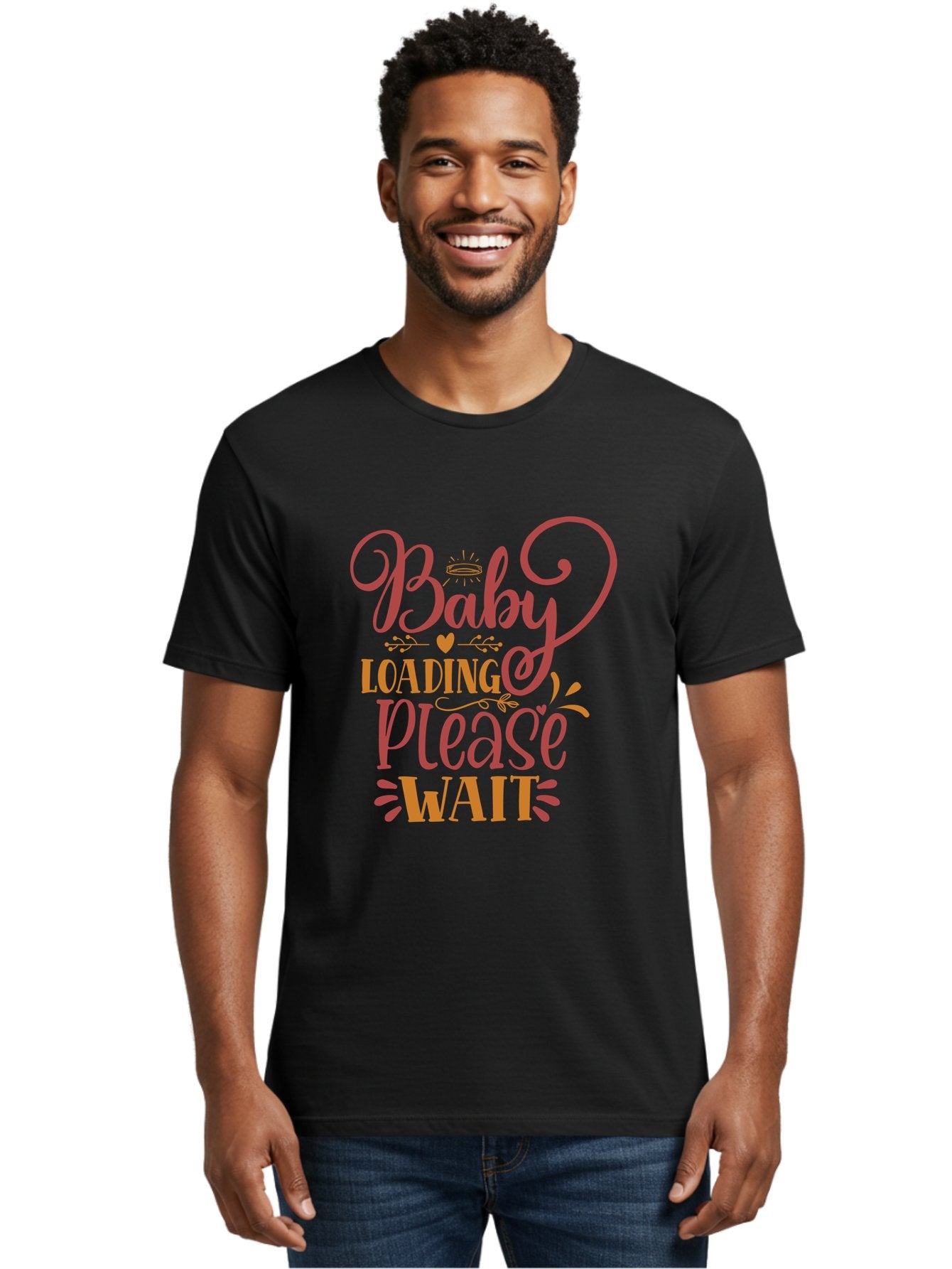 Baby-Loading-Please-Wait Men'S Graphic Tee, 100% Cotton, Comfortable Casual Summer Wear, Machine Washable, Baby Loading, Please Wait, Digital Art, Pregnancy Announcement, Pink Text, Whimsical Design, Orange Accents, Gender Reveal, Aad358 24