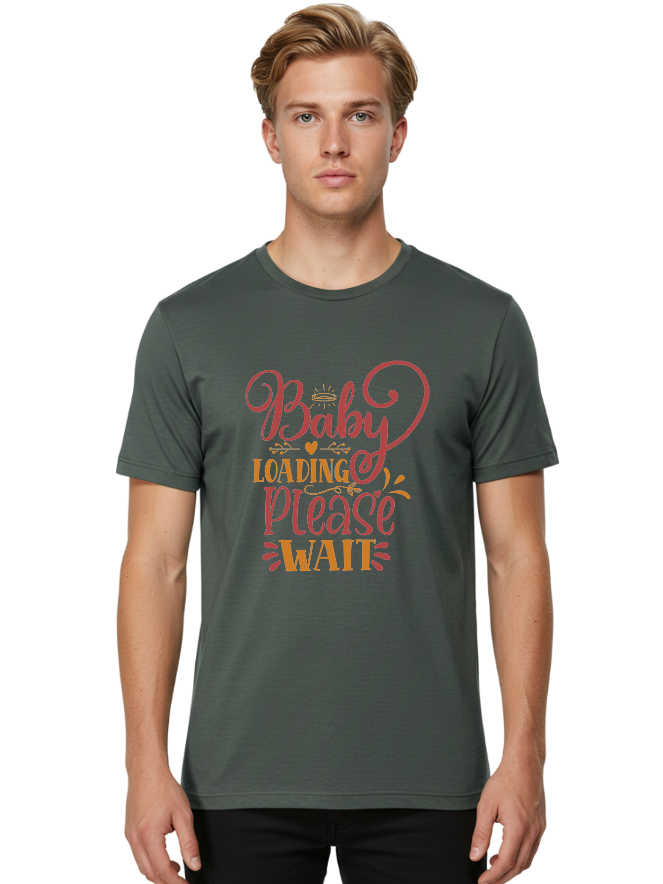 Baby-Loading-Please-Wait Men'S Graphic Tee, 100% Cotton, Comfortable Casual Summer Wear, Machine Washable, Baby Loading, Please Wait, Digital Art, Pregnancy Announcement, Pink Text, Whimsical Design, Orange Accents, Gender Reveal, Aad358 22