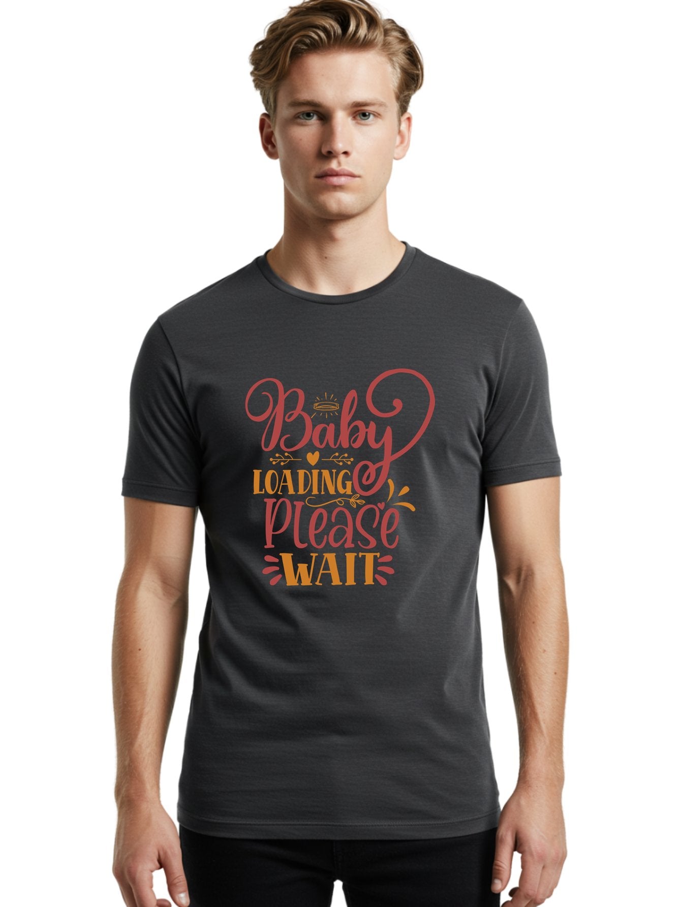 Baby-Loading-Please-Wait Men'S Graphic Tee, 100% Cotton, Comfortable Casual Summer Wear, Machine Washable, Baby Loading, Please Wait, Digital Art, Pregnancy Announcement, Pink Text, Whimsical Design, Orange Accents, Gender Reveal, Aad358 23
