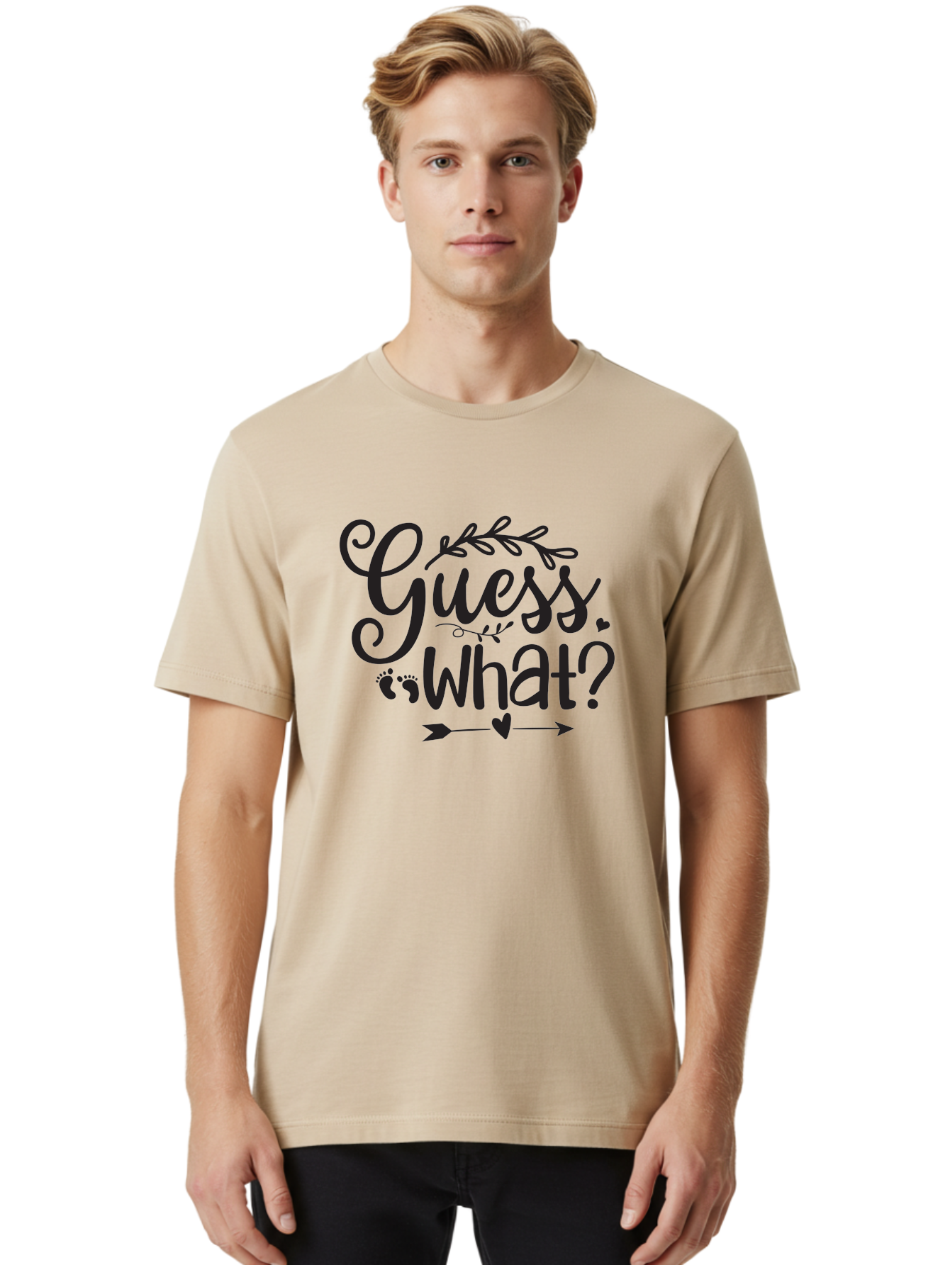 Guess-What Men'S Graphic Tee, 100% Cotton, Comfortable Casual Summer Wear, Machine Washable, Baby Announcement, Pregnancy Reveal, Baby Shower Invitation, New Arrival, Baby Feet, Arrow Design, Floral Wreath, Heart Symbol, Question Mark, Aad408 14