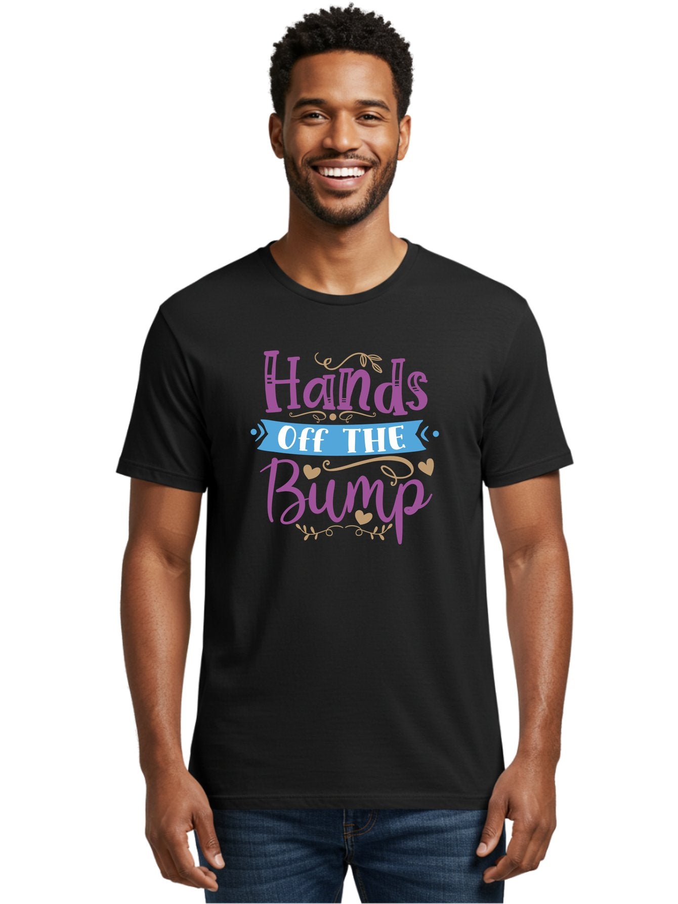 Hands-Off-The-Bump Men'S Graphic Tee, 100% Cotton, Comfortable Casual Summer Wear, Machine Washable, Pregnancy Announcement, Baby Bump, Hands Off, Expectant Mother, Maternity Message, Purple And White Text, Heart Decorations, Baby On Board, Aad412 25