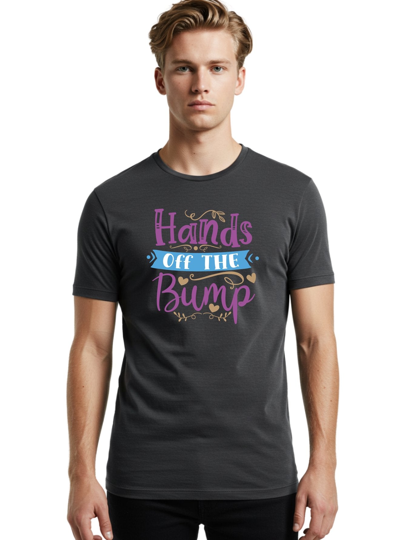 Hands-Off-The-Bump Men'S Graphic Tee, 100% Cotton, Comfortable Casual Summer Wear, Machine Washable, Pregnancy Announcement, Baby Bump, Hands Off, Expectant Mother, Maternity Message, Purple And White Text, Heart Decorations, Baby On Board, Aad412 22