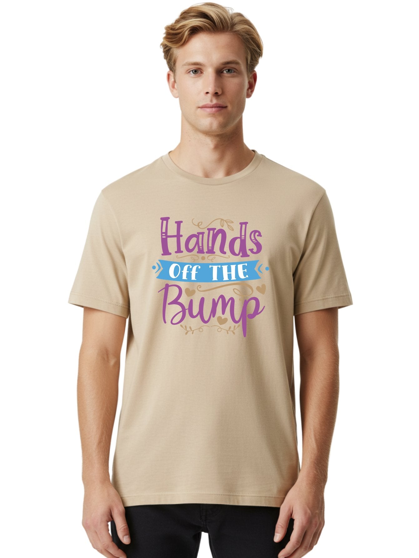 Hands-Off-The-Bump Men'S Graphic Tee, 100% Cotton, Comfortable Casual Summer Wear, Machine Washable, Pregnancy Announcement, Baby Bump, Hands Off, Expectant Mother, Maternity Message, Purple And White Text, Heart Decorations, Baby On Board, Aad412 17