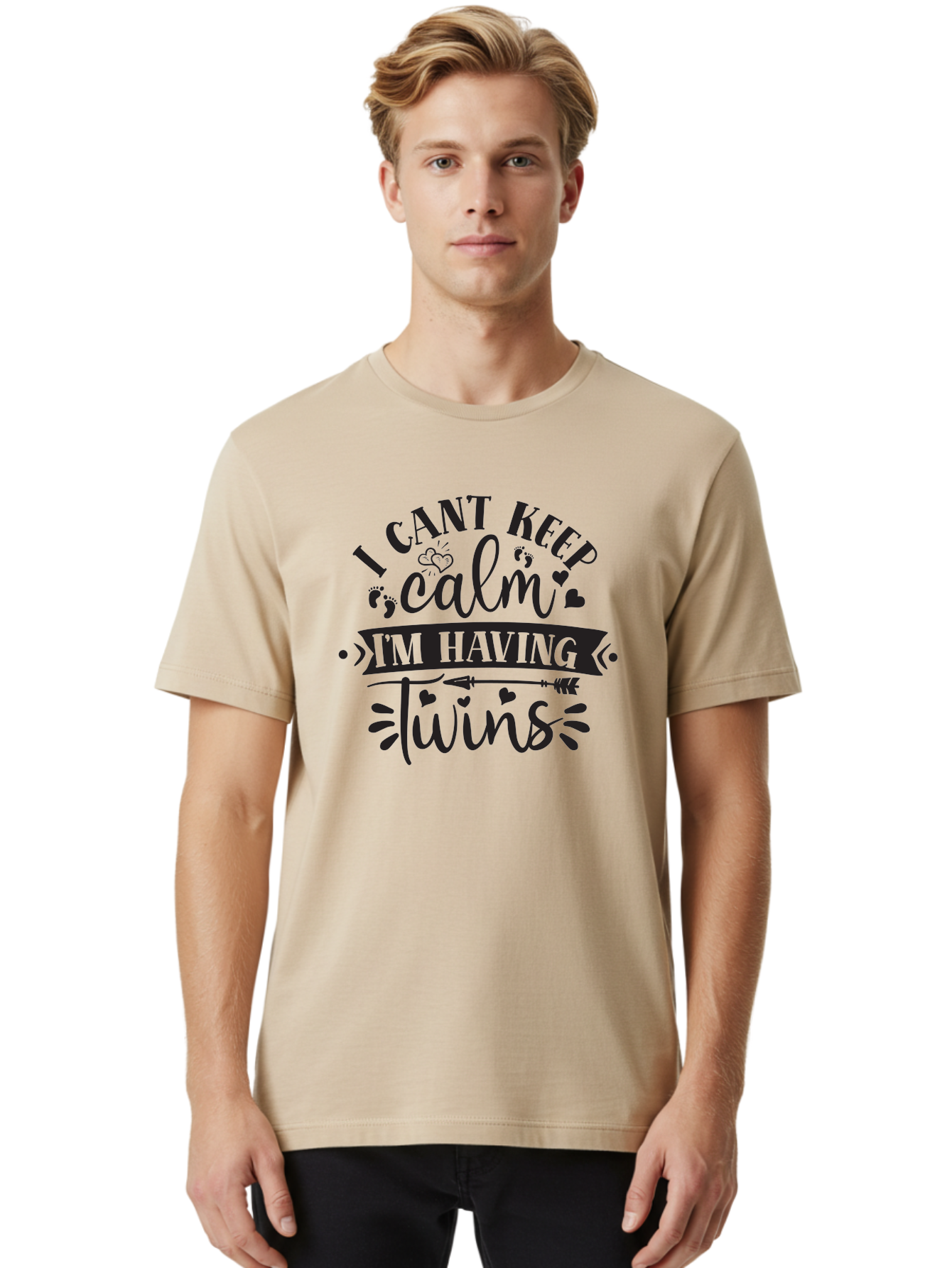 I-Cant-Keep-Calm-Im-Having-Twins Men'S Graphic Tee, 100% Cotton, Comfortable Casual Summer Wear, Machine Washable, Twin Pregnancy Announcement, Calm Design Parody, Having Twins, Pregnancy Reveal, Baby Feet, Hearts, Arrow, Playful Typography, Aad417 12