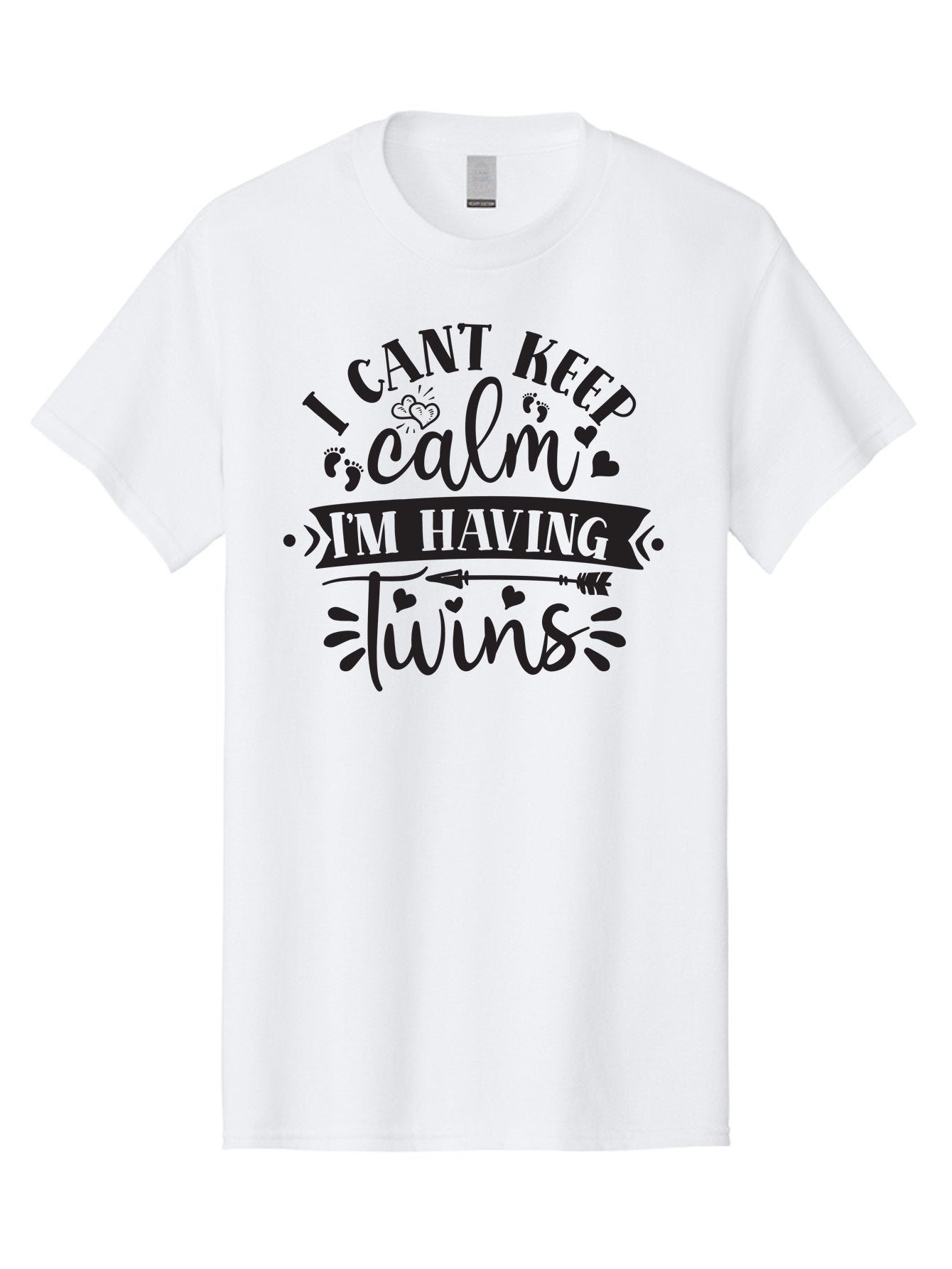 I-Cant-Keep-Calm-Im-Having-Twins Men'S Graphic Tee, 100% Cotton, Comfortable Casual Summer Wear, Machine Washable, Twin Pregnancy Announcement, Calm Design Parody, Having Twins, Pregnancy Reveal, Baby Feet, Hearts, Arrow, Playful Typography, Aad417