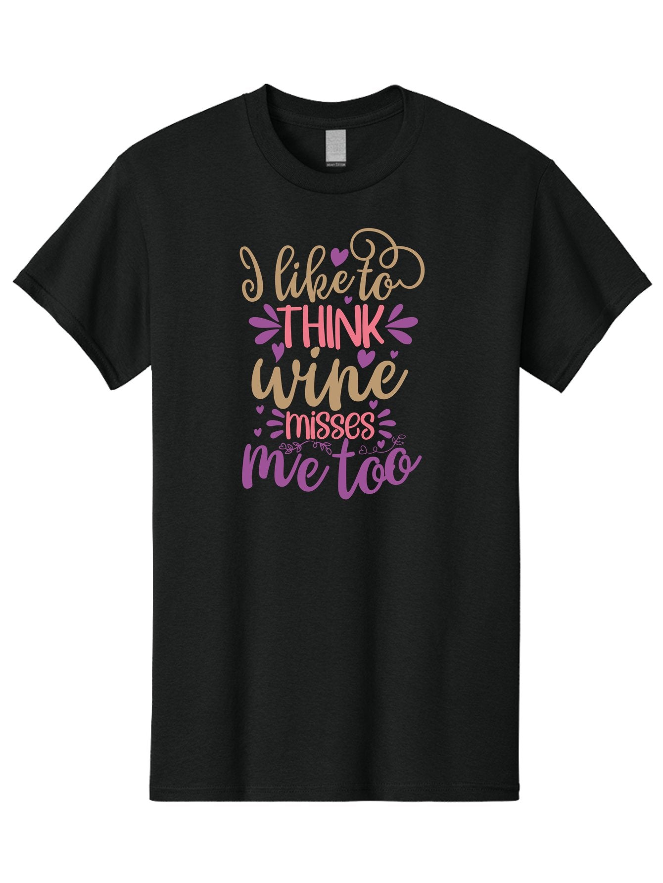 I-Like-To-Think-Wine-Misses-Me-Too Men'S Graphic Tee, 100% Cotton, Comfortable Casual Summer Wear, Machine Washable, Funny Wine Quote, Wine Lover Gift, Humorous Phrase, Purple Hearts, Floral Decorations, Stylish Typography, Wine-Themed Design, Aad422 4