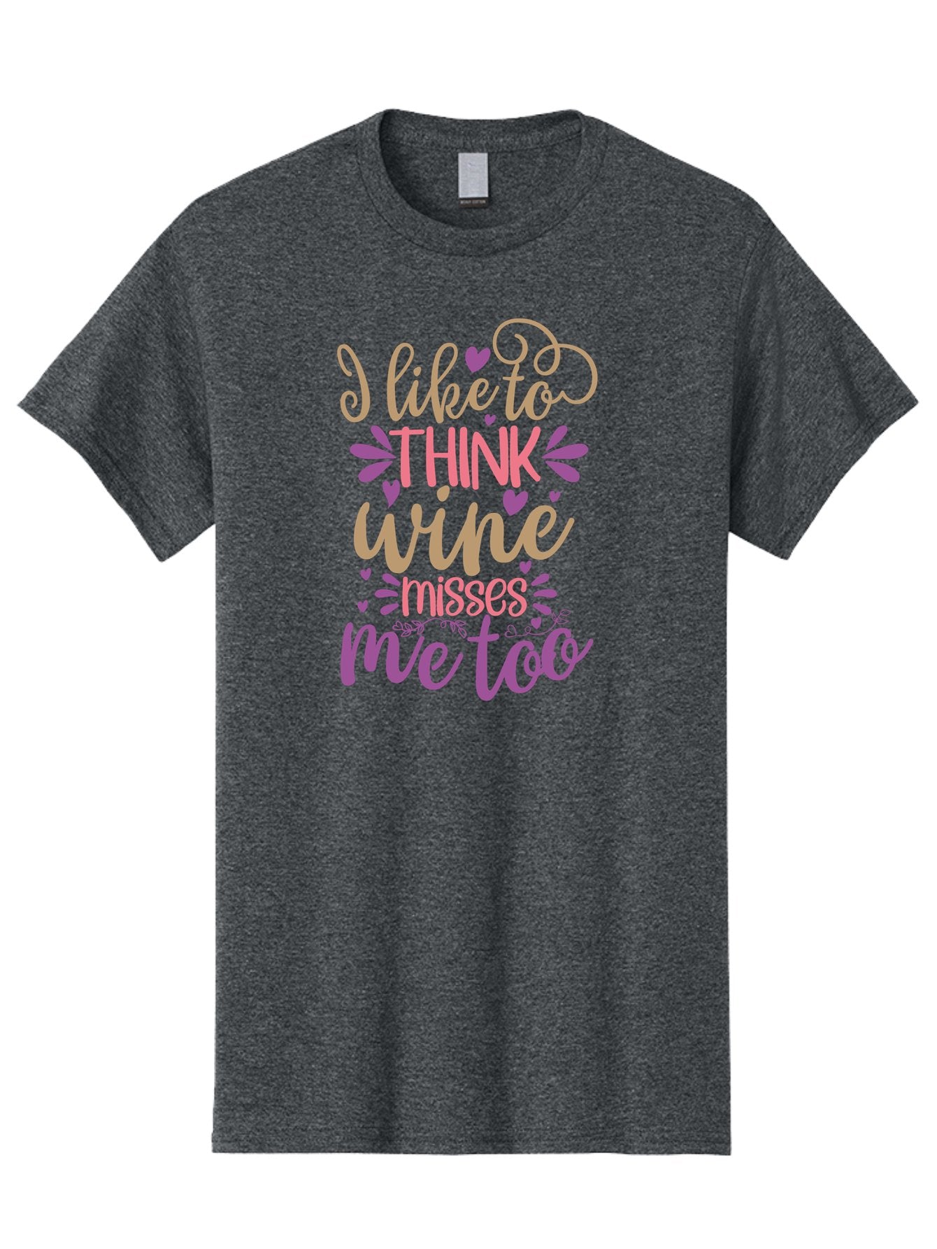 I-Like-To-Think-Wine-Misses-Me-Too Men'S Graphic Tee, 100% Cotton, Comfortable Casual Summer Wear, Machine Washable, Funny Wine Quote, Wine Lover Gift, Humorous Phrase, Purple Hearts, Floral Decorations, Stylish Typography, Wine-Themed Design, Aad422 8