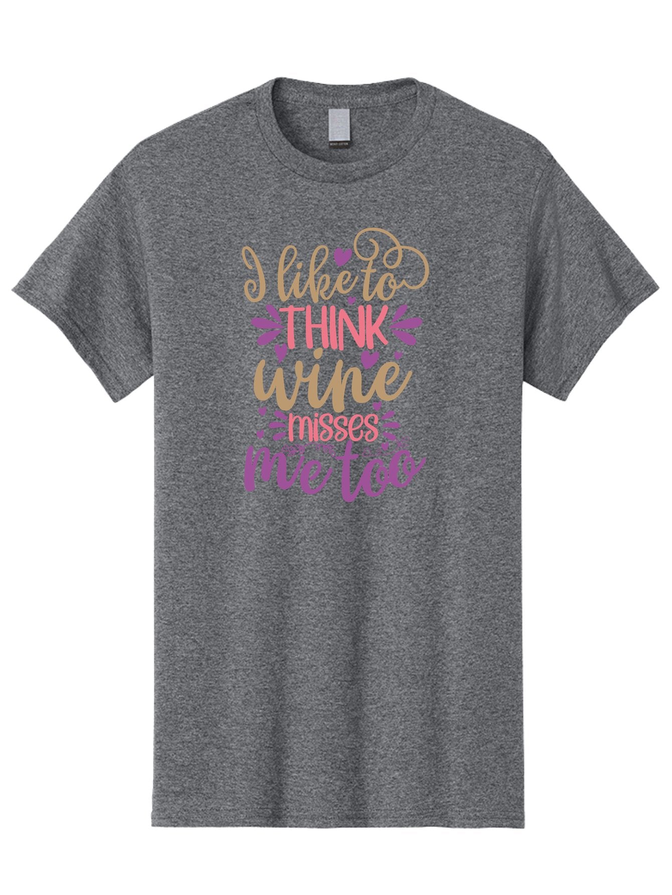 I-Like-To-Think-Wine-Misses-Me-Too Men'S Graphic Tee, 100% Cotton, Comfortable Casual Summer Wear, Machine Washable, Funny Wine Quote, Wine Lover Gift, Humorous Phrase, Purple Hearts, Floral Decorations, Stylish Typography, Wine-Themed Design, Aad422 11