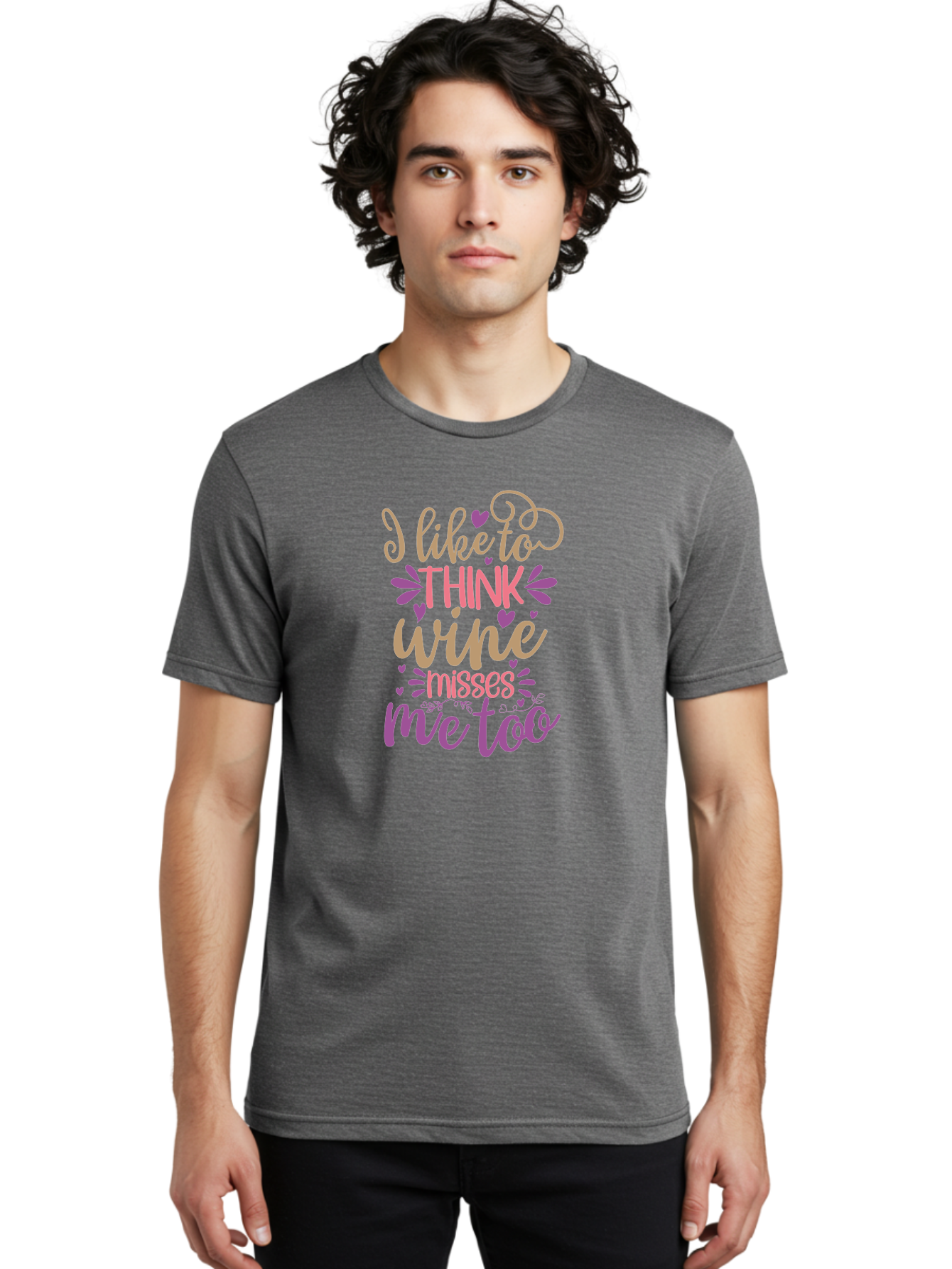 I-Like-To-Think-Wine-Misses-Me-Too Men'S Graphic Tee, 100% Cotton, Comfortable Casual Summer Wear, Machine Washable, Funny Wine Quote, Wine Lover Gift, Humorous Phrase, Purple Hearts, Floral Decorations, Stylish Typography, Wine-Themed Design, Aad422 8
