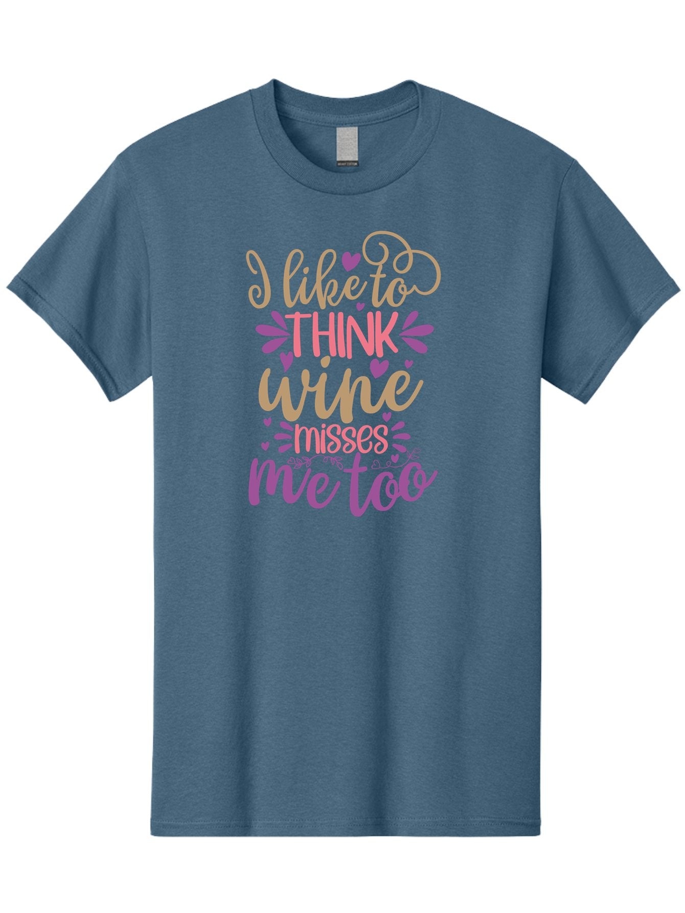I-Like-To-Think-Wine-Misses-Me-Too Men'S Graphic Tee, 100% Cotton, Comfortable Casual Summer Wear, Machine Washable, Funny Wine Quote, Wine Lover Gift, Humorous Phrase, Purple Hearts, Floral Decorations, Stylish Typography, Wine-Themed Design, Aad422 3