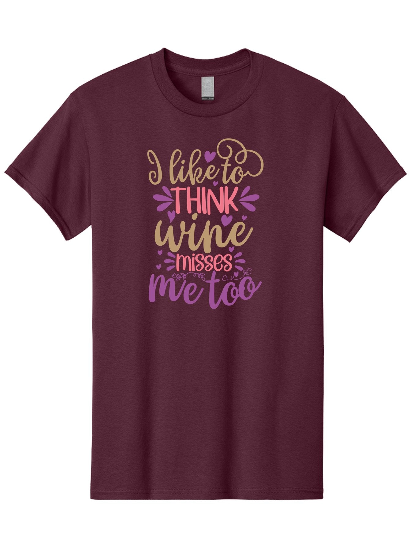 I-Like-To-Think-Wine-Misses-Me-Too Men'S Graphic Tee, 100% Cotton, Comfortable Casual Summer Wear, Machine Washable, Funny Wine Quote, Wine Lover Gift, Humorous Phrase, Purple Hearts, Floral Decorations, Stylish Typography, Wine-Themed Design, Aad422 13