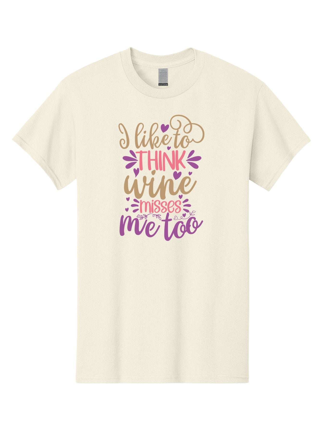 I-Like-To-Think-Wine-Misses-Me-Too Men'S Graphic Tee, 100% Cotton, Comfortable Casual Summer Wear, Machine Washable, Funny Wine Quote, Wine Lover Gift, Humorous Phrase, Purple Hearts, Floral Decorations, Stylish Typography, Wine-Themed Design, Aad422 10