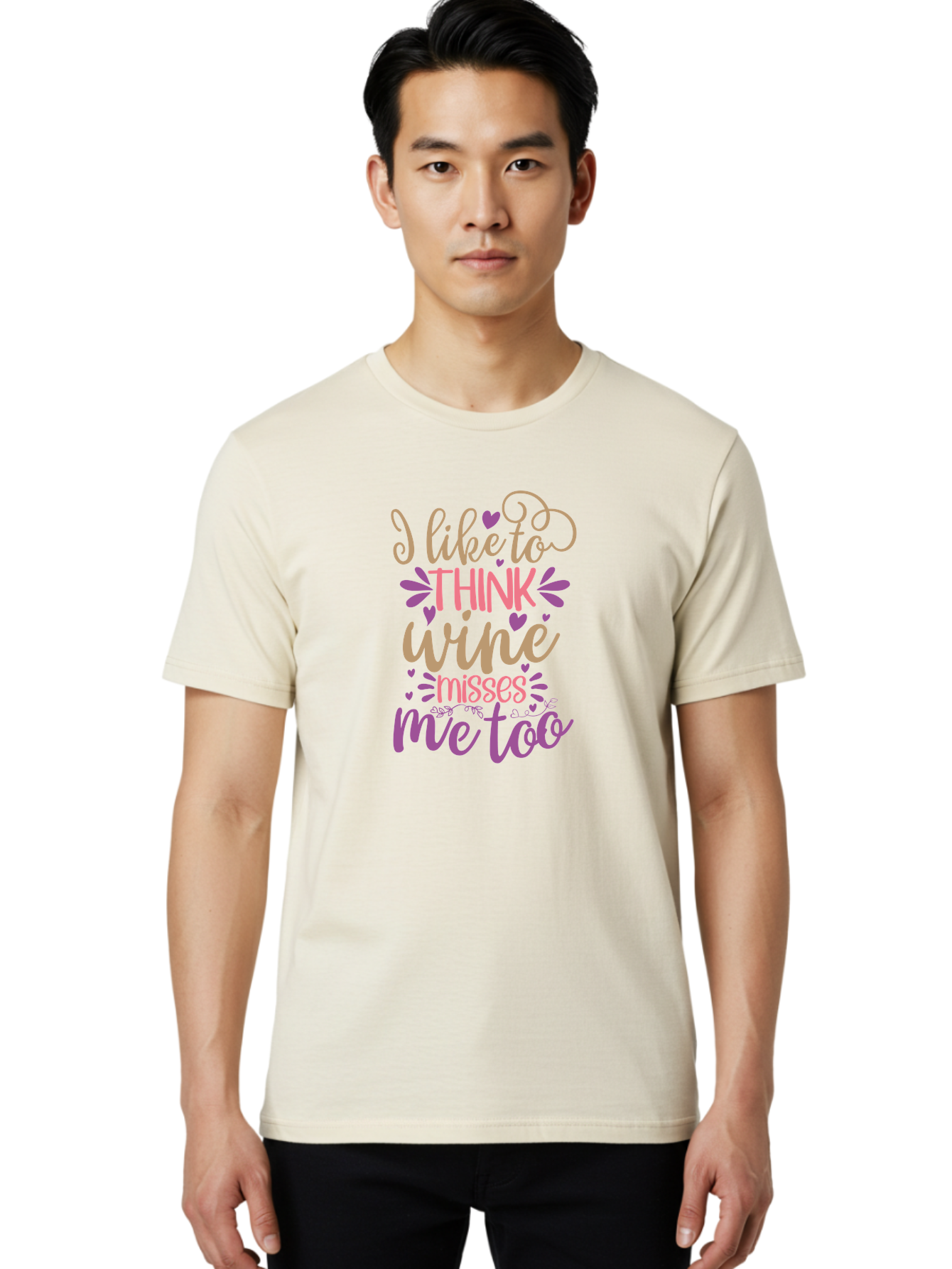I-Like-To-Think-Wine-Misses-Me-Too Men'S Graphic Tee, 100% Cotton, Comfortable Casual Summer Wear, Machine Washable, Funny Wine Quote, Wine Lover Gift, Humorous Phrase, Purple Hearts, Floral Decorations, Stylish Typography, Wine-Themed Design, Aad422 28