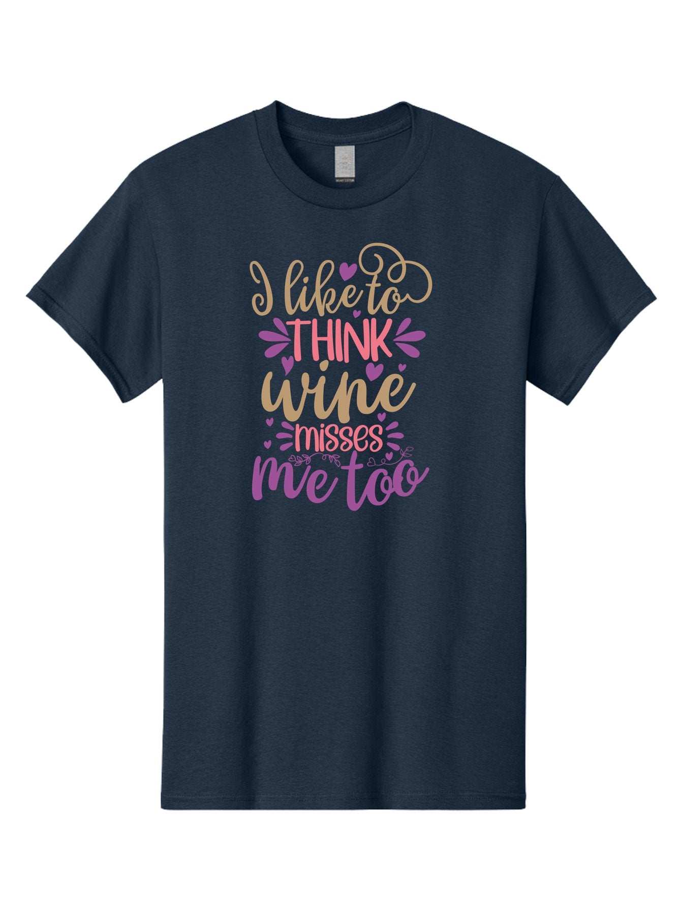 I-Like-To-Think-Wine-Misses-Me-Too Men'S Graphic Tee, 100% Cotton, Comfortable Casual Summer Wear, Machine Washable, Funny Wine Quote, Wine Lover Gift, Humorous Phrase, Purple Hearts, Floral Decorations, Stylish Typography, Wine-Themed Design, Aad422 7