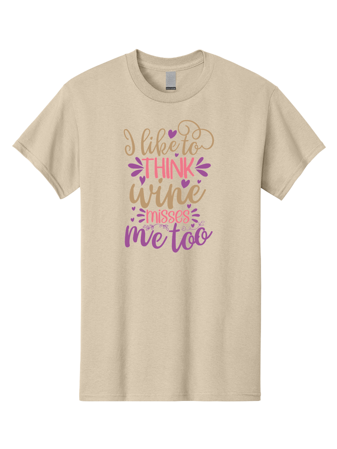 I-Like-To-Think-Wine-Misses-Me-Too Men'S Graphic Tee, 100% Cotton, Comfortable Casual Summer Wear, Machine Washable, Funny Wine Quote, Wine Lover Gift, Humorous Phrase, Purple Hearts, Floral Decorations, Stylish Typography, Wine-Themed Design, Aad422