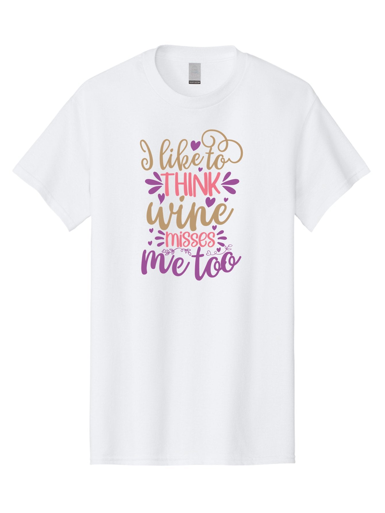 I-Like-To-Think-Wine-Misses-Me-Too Men'S Graphic Tee, 100% Cotton, Comfortable Casual Summer Wear, Machine Washable, Funny Wine Quote, Wine Lover Gift, Humorous Phrase, Purple Hearts, Floral Decorations, Stylish Typography, Wine-Themed Design, Aad422 5