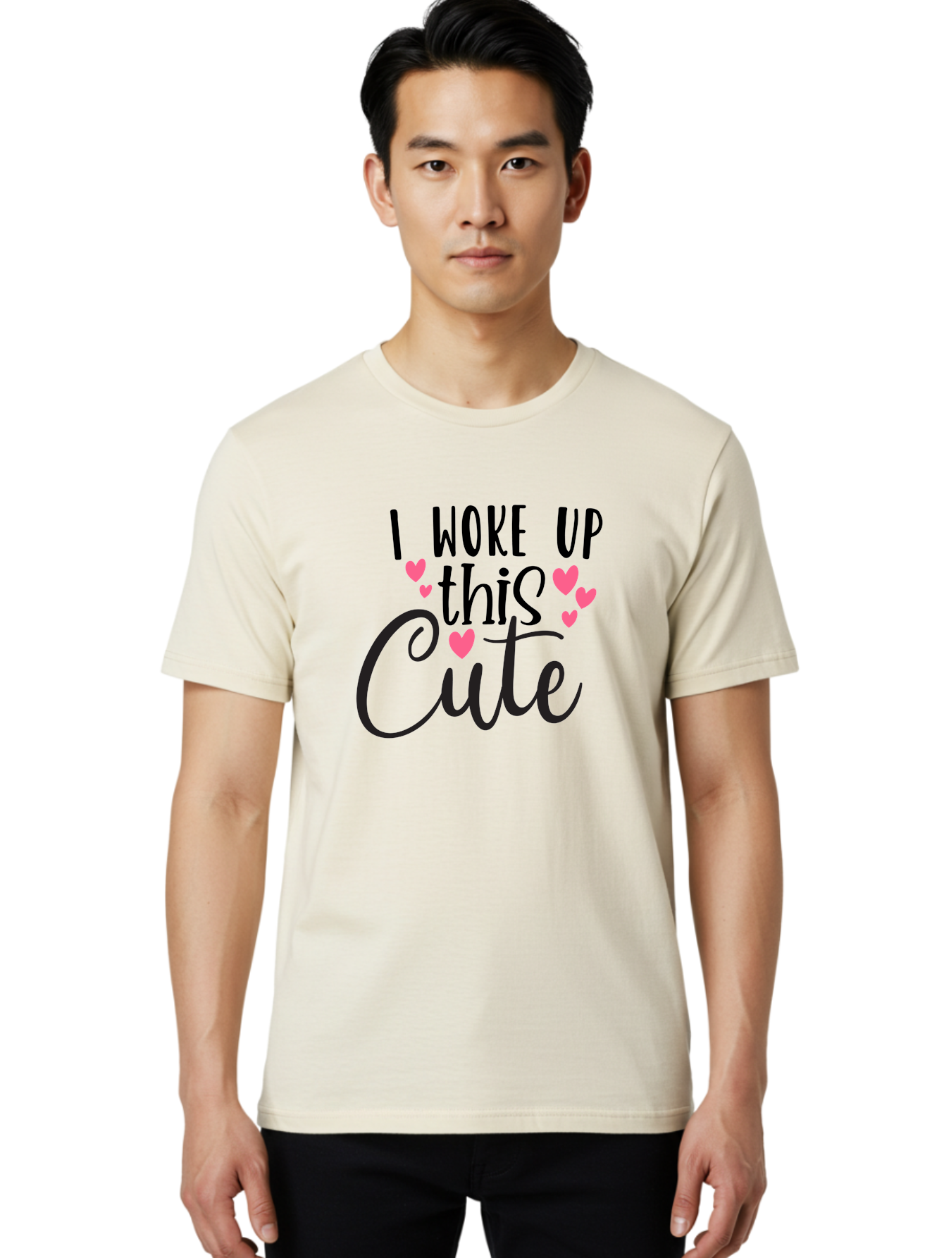 I-Woke-Up-This-Cute Men'S Graphic Tee, 100% Cotton, Comfortable Casual Summer Wear, Machine Washable, Cute Quote, Funny Morning Phrase, Pink Hearts, Black Text, Inspirational Saying, Girly Design, Love Message, Daily Motivation Aad426 28