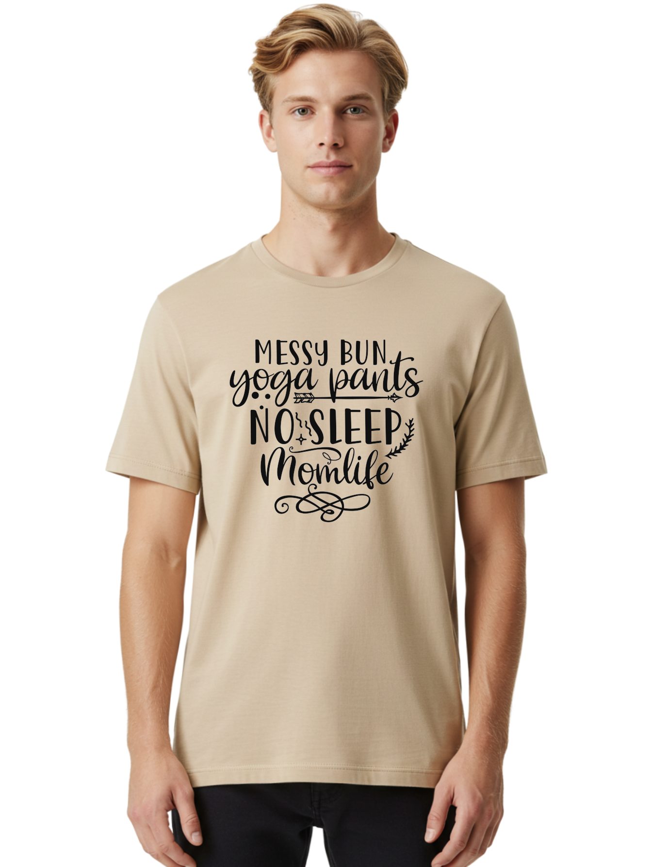 Messy-Bun-Yoga-Pants-No-Sleep-Momlife Men'S Graphic Tee, 100% Cotton, Comfortable Casual Summer Wear, Machine Washable, Messy Bun, Yoga Pants, No Sleep, Mom Life, Mom Quotes, Funny Mom Quotes, Motherhood, Parenting Humor, Mom Humor, Aad437 14