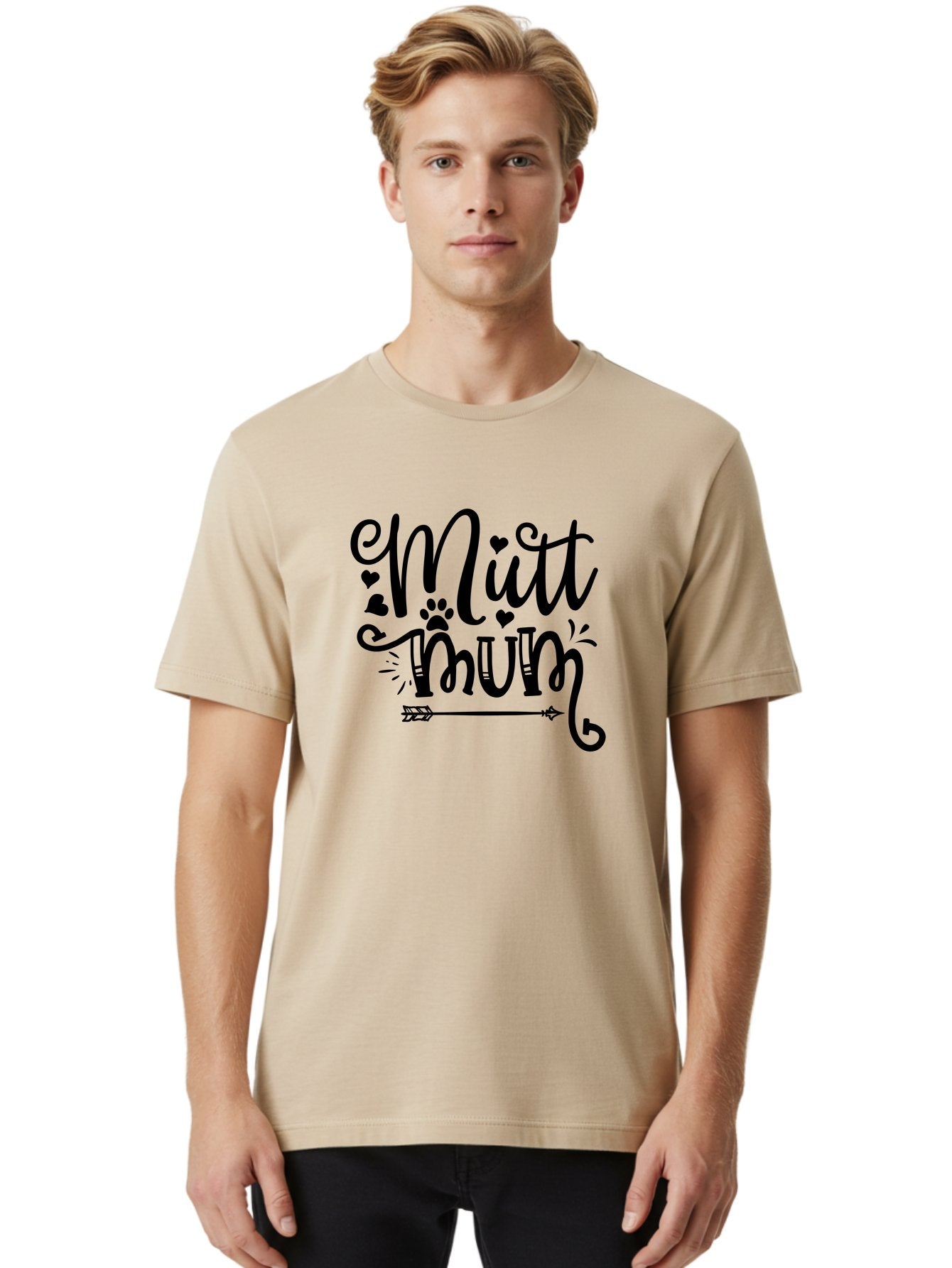 Mitt-Mum Men'S Graphic Tee, 100% Cotton, Comfortable Casual Summer Wear, Machine Washable, Mitt Mum, Dog Mom, Pet Lover, Cute Typography, Black Font, Hearts, Paw Print, Arrow Design, Whimsical Elements, Dog Mom Gifts, Pet Accessories Aad439 20