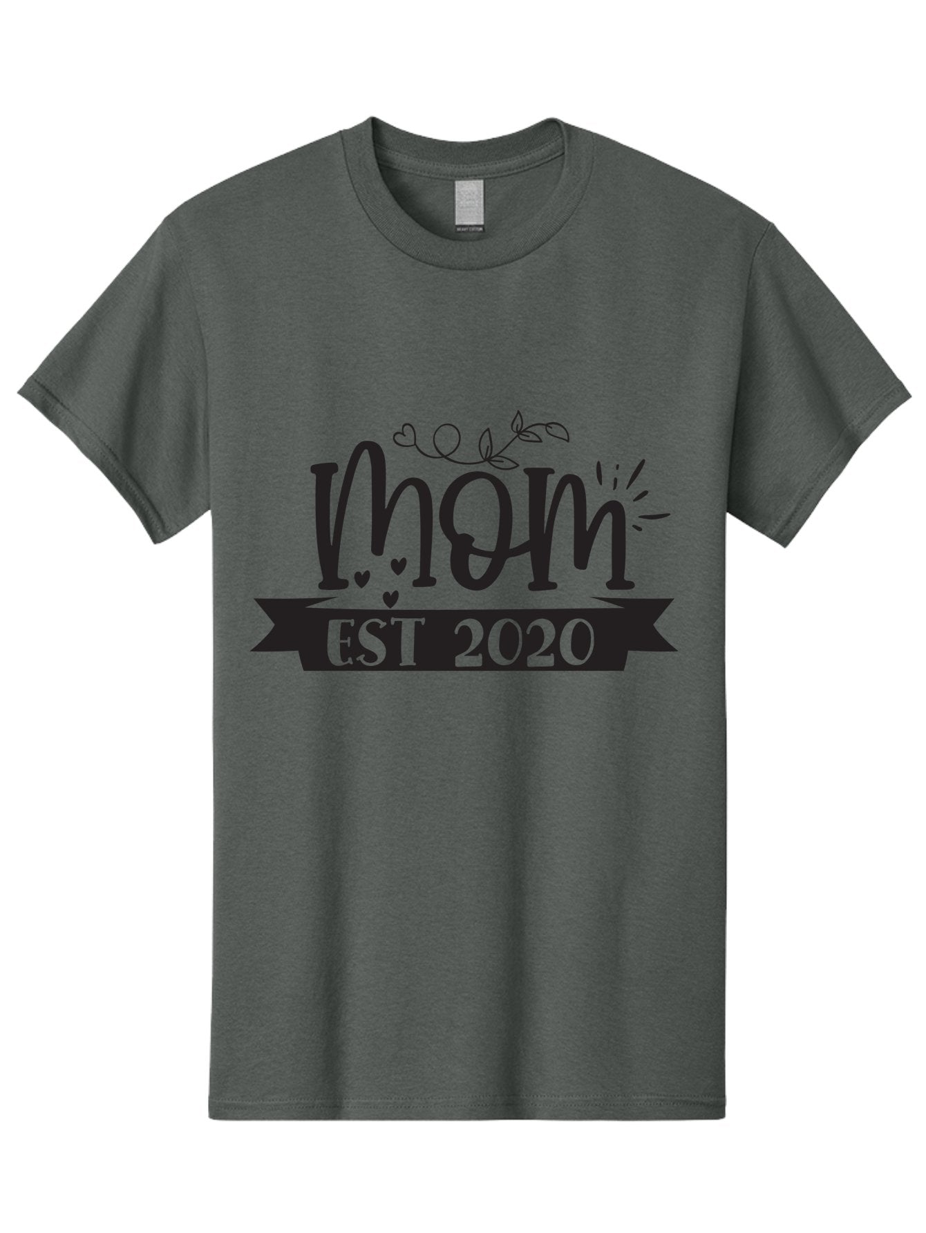 Mom-Est-2020 Men'S Graphic Tee, 100% Cotton, Comfortable Casual Summer Wear, Machine Washable, Mom Est 2020, Motherhood, New Mom, Mom Life, Hearts, Leaves, Vine, Mom Quote, Banner, 2020 Aad441