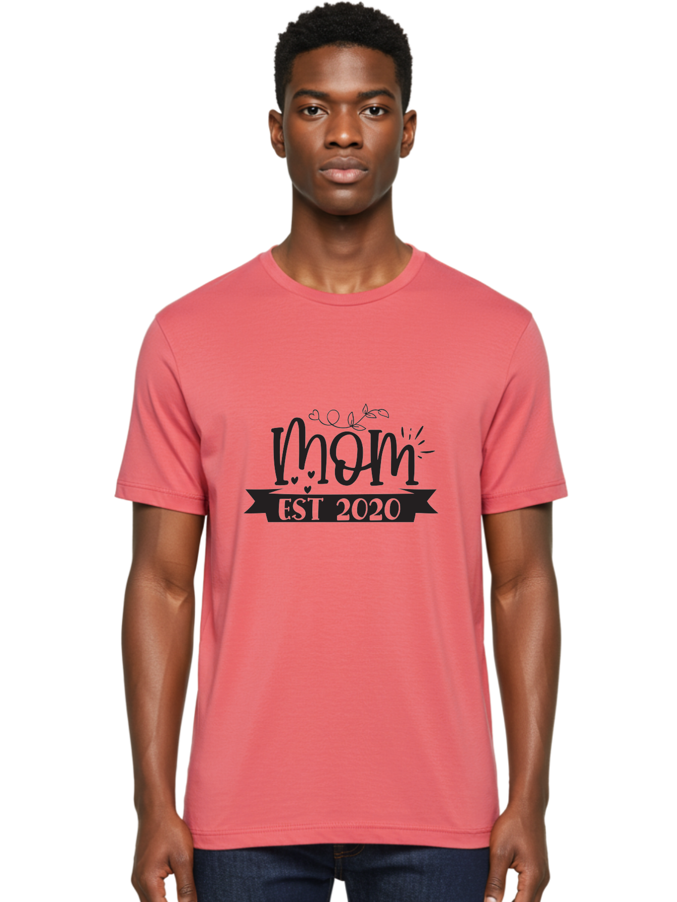 Mom-Est-2020 Men'S Graphic Tee, 100% Cotton, Comfortable Casual Summer Wear, Machine Washable, Mom Est 2020, Motherhood, New Mom, Mom Life, Hearts, Leaves, Vine, Mom Quote, Banner, 2020 Aad441 18