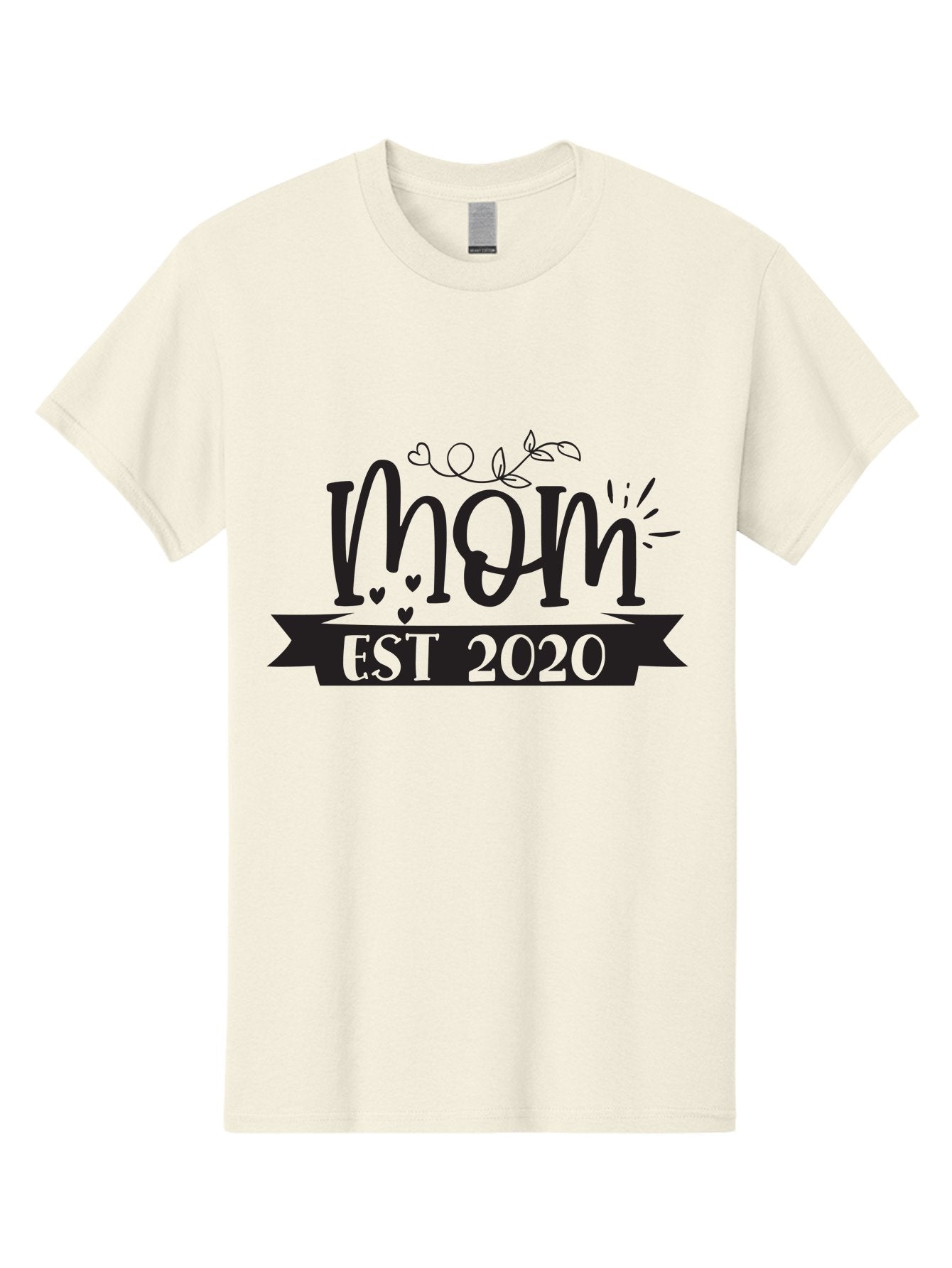Mom-Est-2020 Men'S Graphic Tee, 100% Cotton, Comfortable Casual Summer Wear, Machine Washable, Mom Est 2020, Motherhood, New Mom, Mom Life, Hearts, Leaves, Vine, Mom Quote, Banner, 2020 Aad441 13