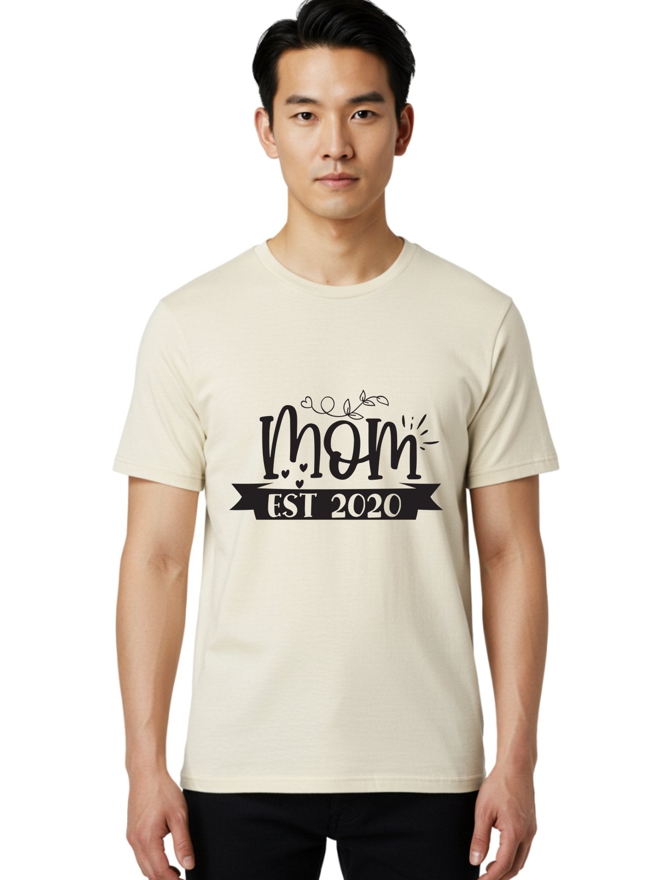 Mom-Est-2020 Men'S Graphic Tee, 100% Cotton, Comfortable Casual Summer Wear, Machine Washable, Mom Est 2020, Motherhood, New Mom, Mom Life, Hearts, Leaves, Vine, Mom Quote, Banner, 2020 Aad441 20
