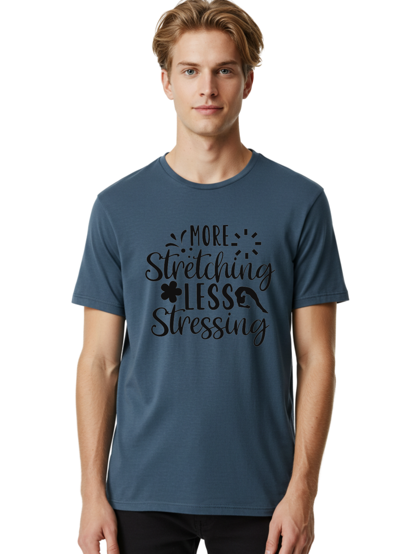 More-Stretching-Less-Stressing Men'S Graphic Tee, 100% Cotton, Comfortable Casual Summer Wear, Machine Washable, Motivational Quote, Yoga Inspiration, Mindfulness Mantra, Stress Relief, Wellness Affirmation, Fitness Motivation, Aad445 4