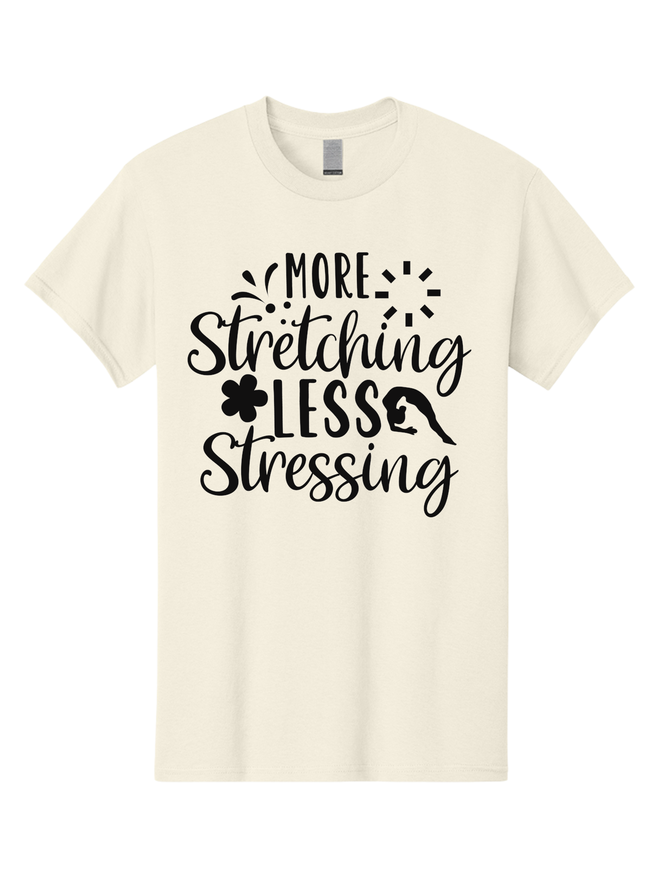 More-Stretching-Less-Stressing Men'S Graphic Tee, 100% Cotton, Comfortable Casual Summer Wear, Machine Washable, Motivational Quote, Yoga Inspiration, Mindfulness Mantra, Stress Relief, Wellness Affirmation, Fitness Motivation, Aad445