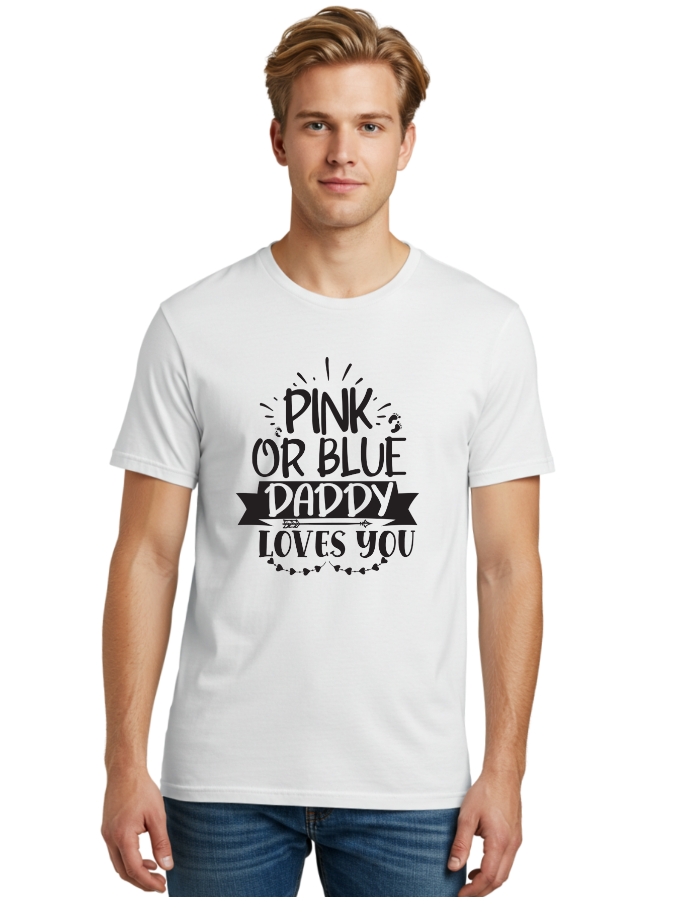 Pink-Or-Blue-Daddy-Loves-You Men'S Graphic Tee, 100% Cotton, Comfortable Casual Summer Wear, Machine Washable, Gender Reveal Announcement, Daddy Loves You, Pink Or Blue, Baby Shower Decoration, Pregnancy Reveal, Funny Quote, Cute Design, Aad457
