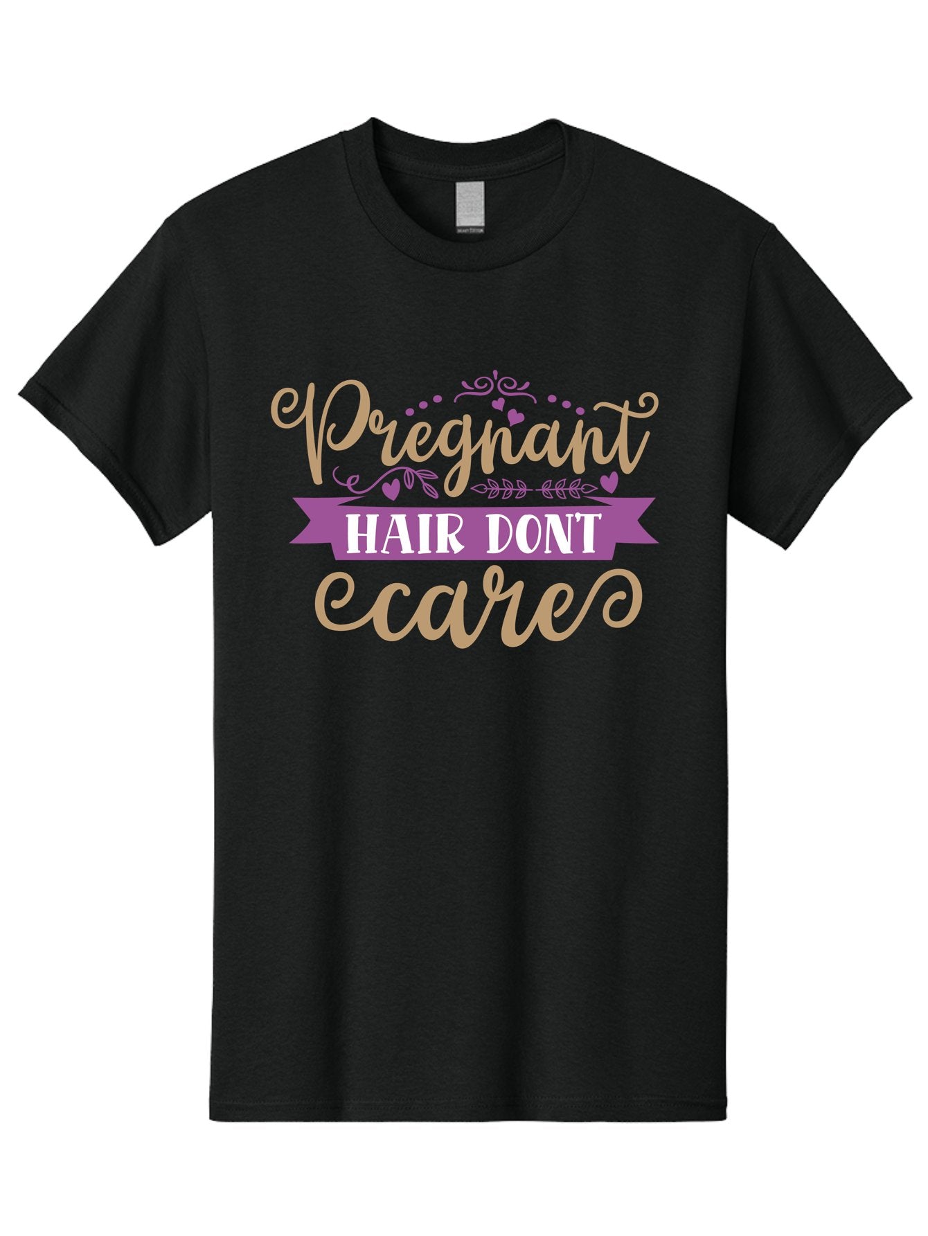Pregnant-Hair-Don-T-Care Men'S Graphic Tee, 100% Cotton, Comfortable Casual Summer Wear, Machine Washable, Pregnancy Humor, Funny Quotes, Hair Care Jokes, Pink Script, Purple Banner, Pregnancy Memes, Expectant Mothers, Humorous Sayings, Aad468 6