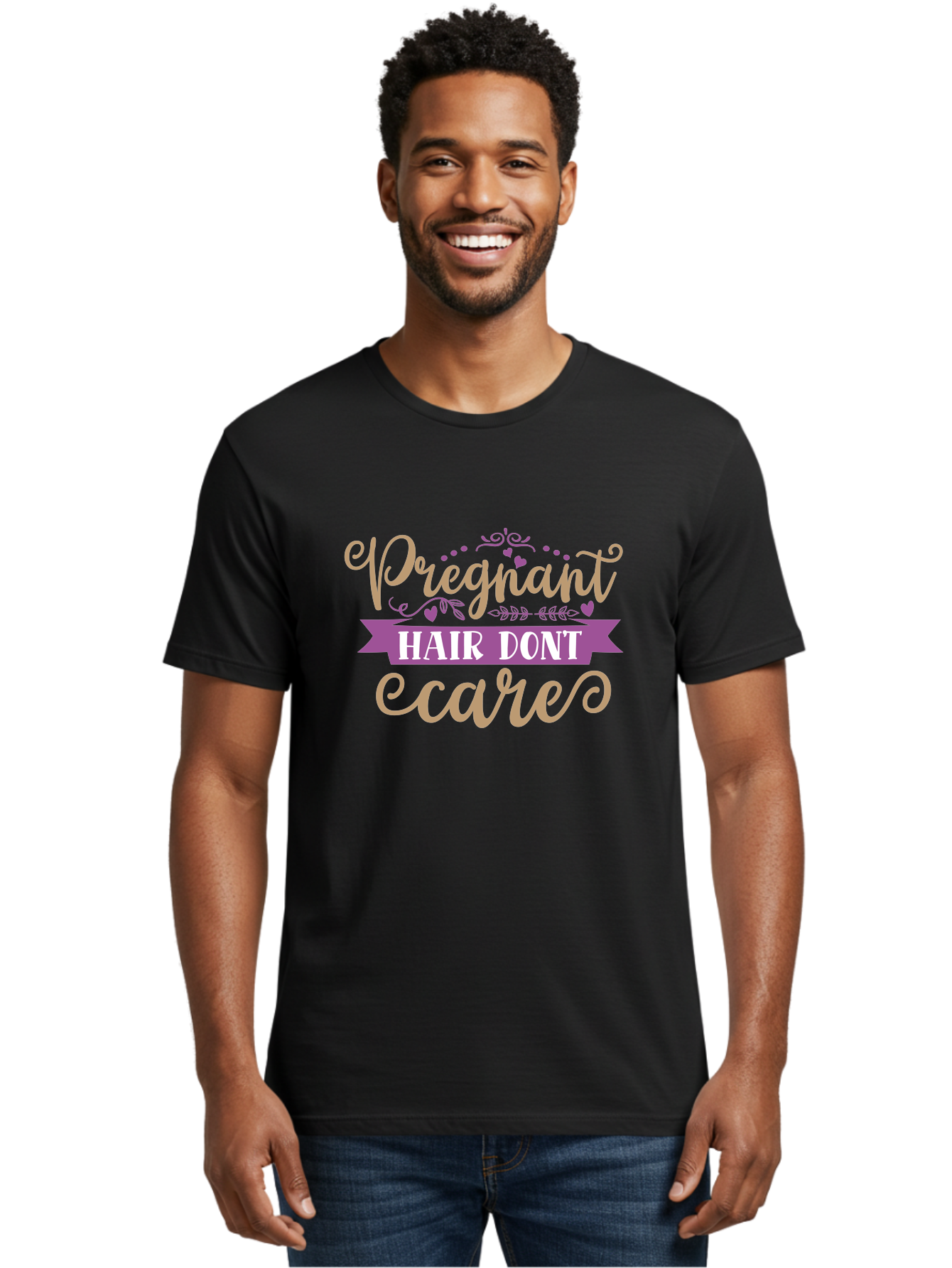 Pregnant-Hair-Don-T-Care Men'S Graphic Tee, 100% Cotton, Comfortable Casual Summer Wear, Machine Washable, Pregnancy Humor, Funny Quotes, Hair Care Jokes, Pink Script, Purple Banner, Pregnancy Memes, Expectant Mothers, Humorous Sayings, Aad468 14