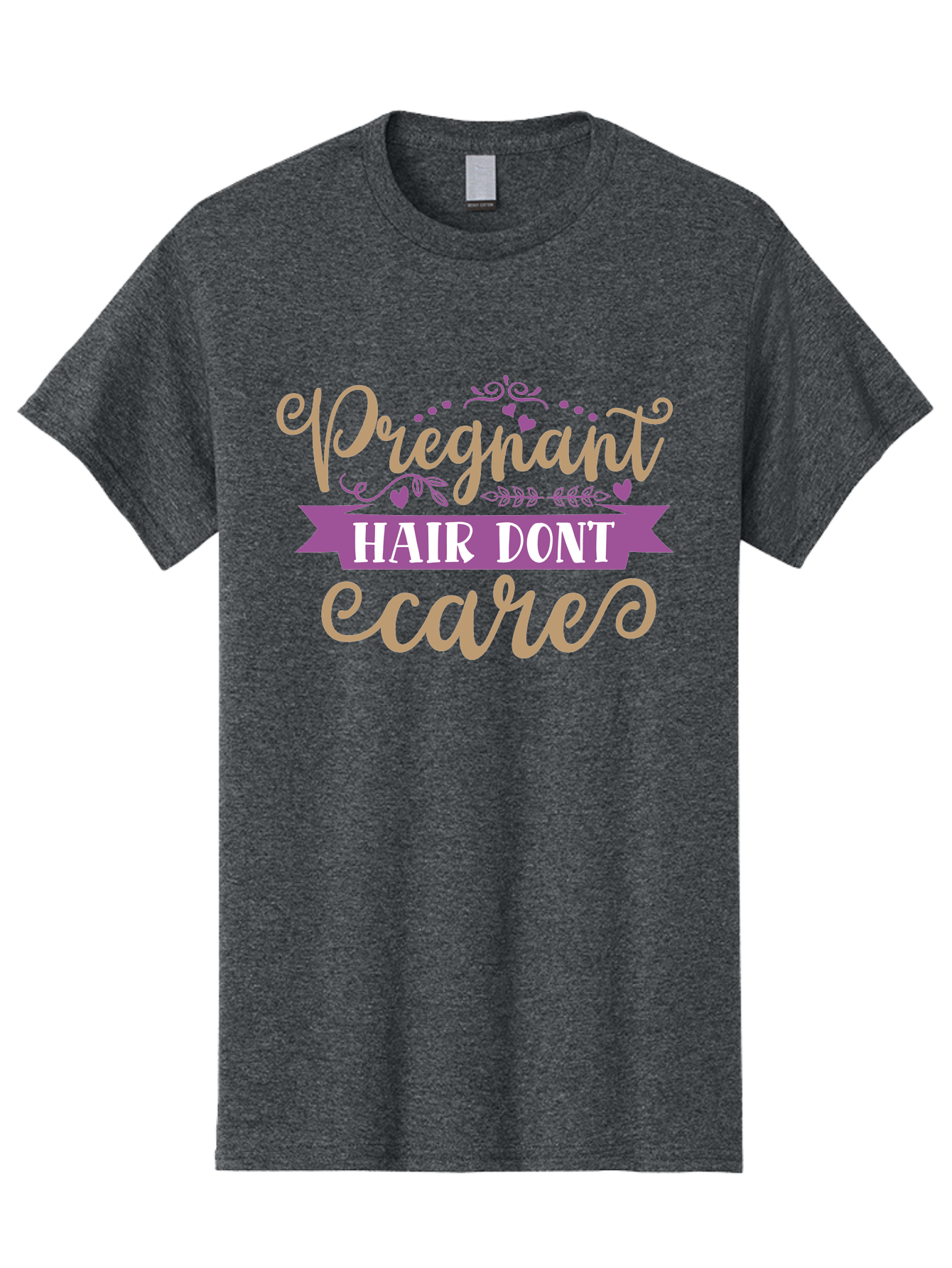 Pregnant-Hair-Don-T-Care Men'S Graphic Tee, 100% Cotton, Comfortable Casual Summer Wear, Machine Washable, Pregnancy Humor, Funny Quotes, Hair Care Jokes, Pink Script, Purple Banner, Pregnancy Memes, Expectant Mothers, Humorous Sayings, Aad468