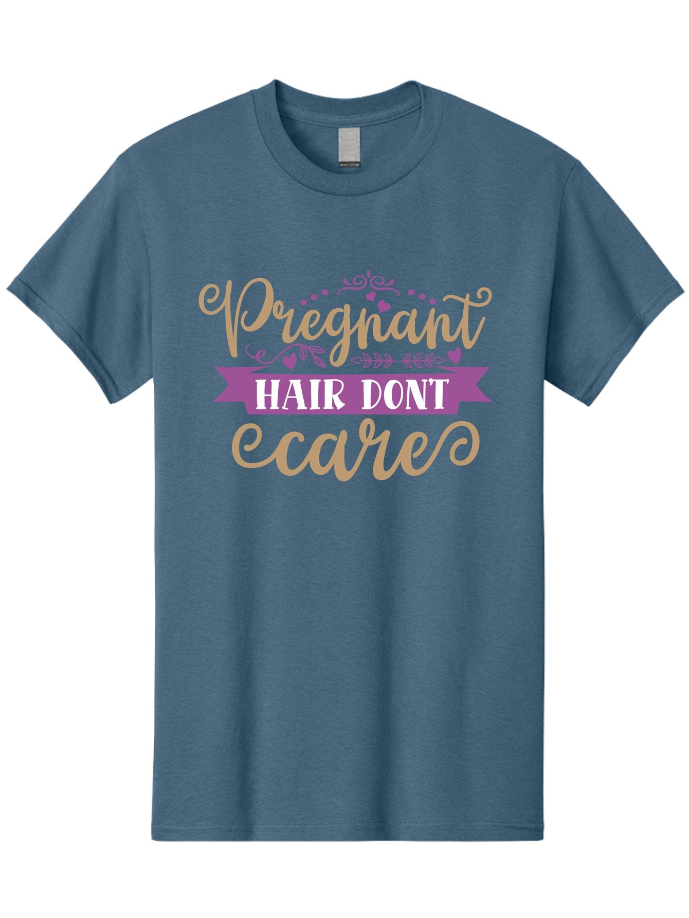 Pregnant-Hair-Don-T-Care Men'S Graphic Tee, 100% Cotton, Comfortable Casual Summer Wear, Machine Washable, Pregnancy Humor, Funny Quotes, Hair Care Jokes, Pink Script, Purple Banner, Pregnancy Memes, Expectant Mothers, Humorous Sayings, Aad468