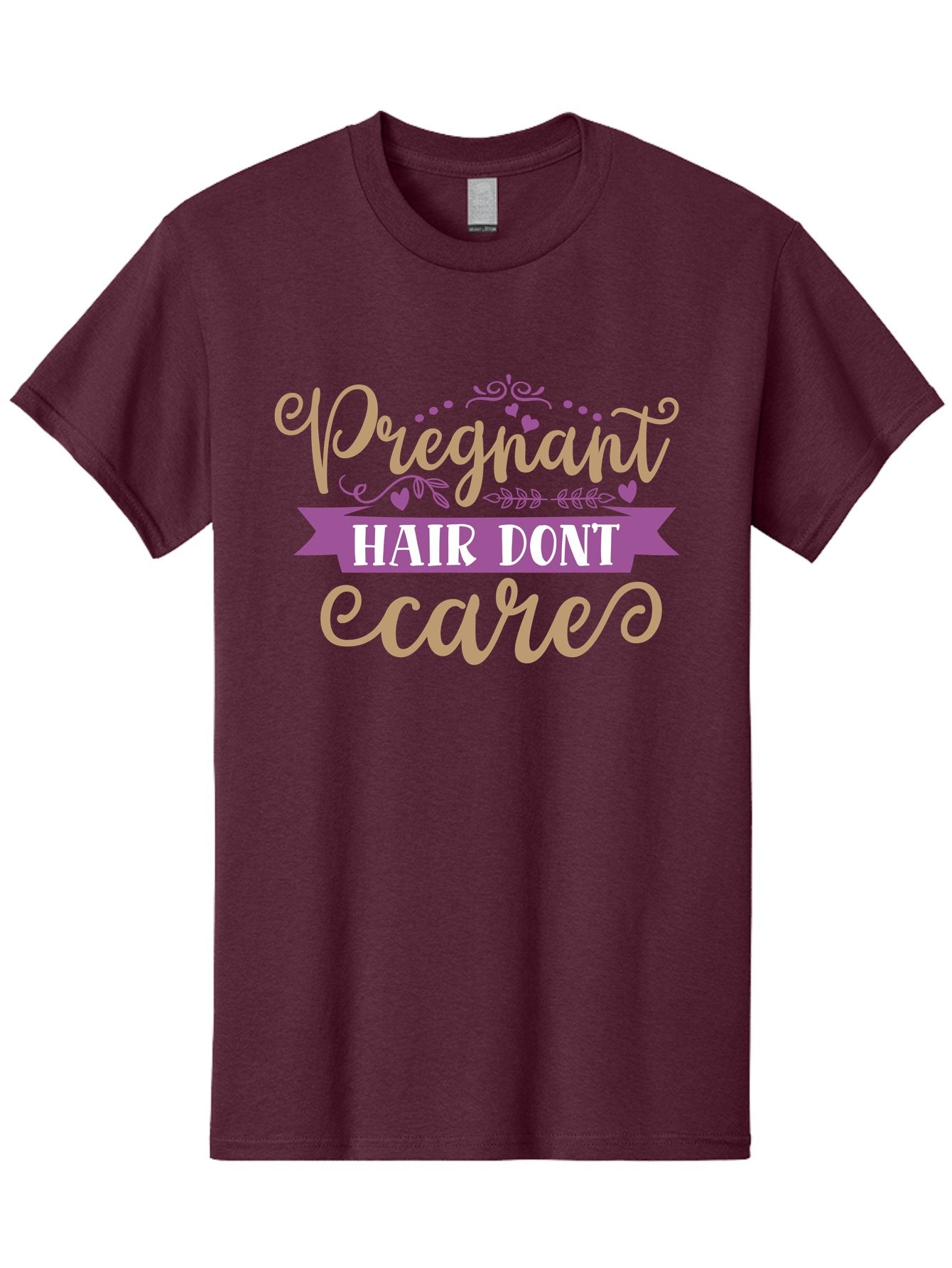Pregnant-Hair-Don-T-Care Men'S Graphic Tee, 100% Cotton, Comfortable Casual Summer Wear, Machine Washable, Pregnancy Humor, Funny Quotes, Hair Care Jokes, Pink Script, Purple Banner, Pregnancy Memes, Expectant Mothers, Humorous Sayings, Aad468 7