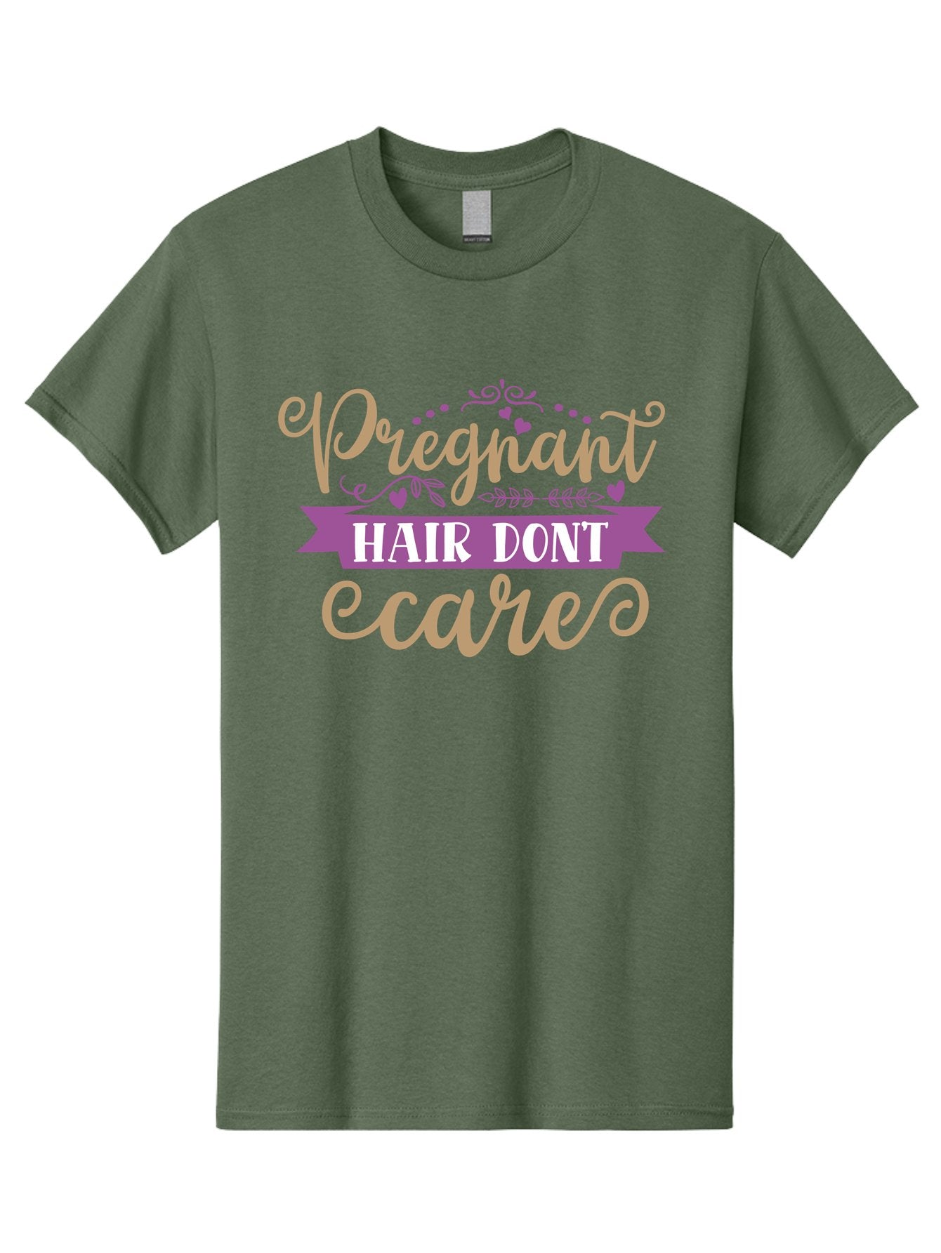 Pregnant-Hair-Don-T-Care Men'S Graphic Tee, 100% Cotton, Comfortable Casual Summer Wear, Machine Washable, Pregnancy Humor, Funny Quotes, Hair Care Jokes, Pink Script, Purple Banner, Pregnancy Memes, Expectant Mothers, Humorous Sayings, Aad468 9