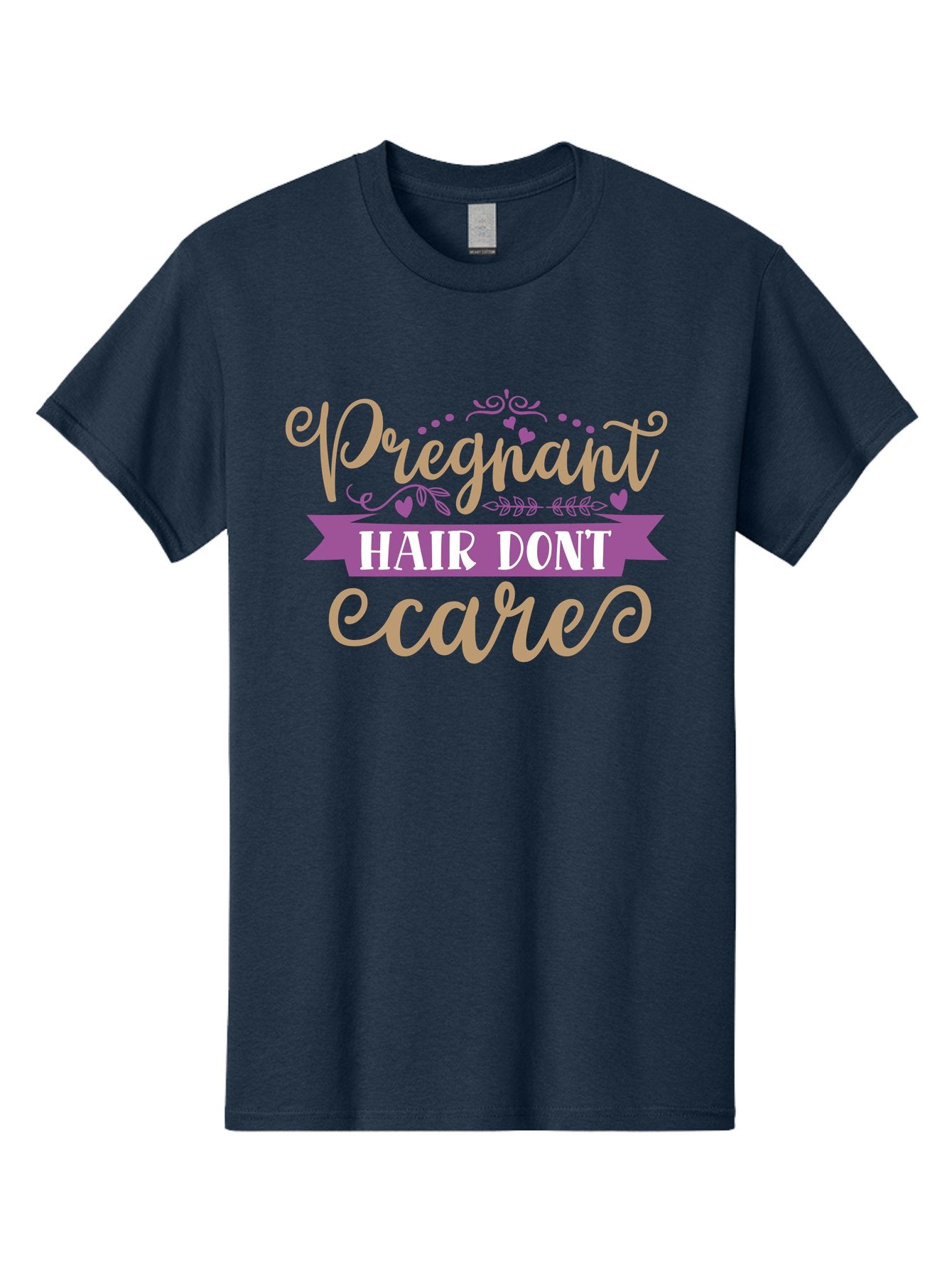 Pregnant-Hair-Don-T-Care Men'S Graphic Tee, 100% Cotton, Comfortable Casual Summer Wear, Machine Washable, Pregnancy Humor, Funny Quotes, Hair Care Jokes, Pink Script, Purple Banner, Pregnancy Memes, Expectant Mothers, Humorous Sayings, Aad468 10