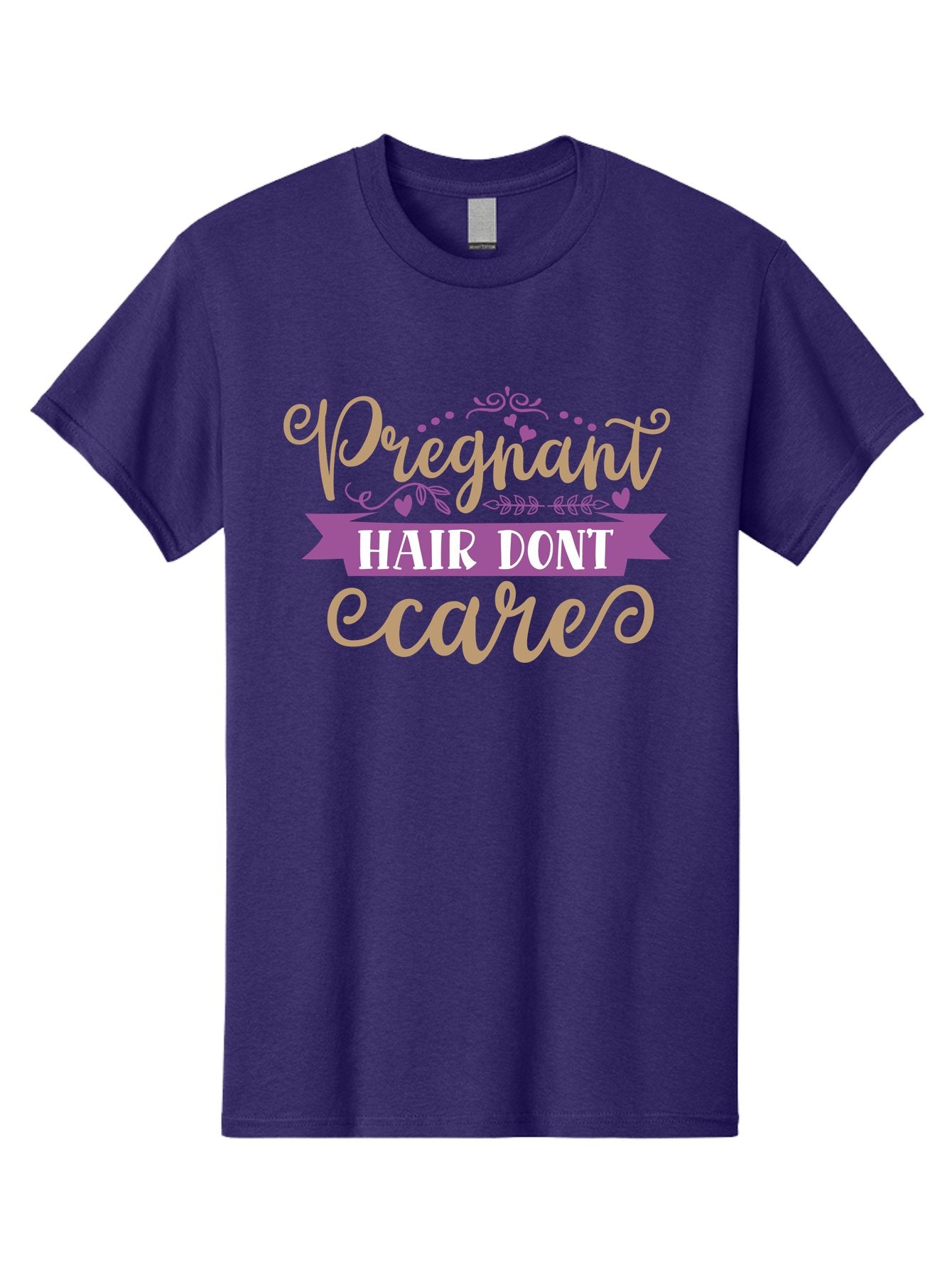 Pregnant-Hair-Don-T-Care Men'S Graphic Tee, 100% Cotton, Comfortable Casual Summer Wear, Machine Washable, Pregnancy Humor, Funny Quotes, Hair Care Jokes, Pink Script, Purple Banner, Pregnancy Memes, Expectant Mothers, Humorous Sayings, Aad468 3