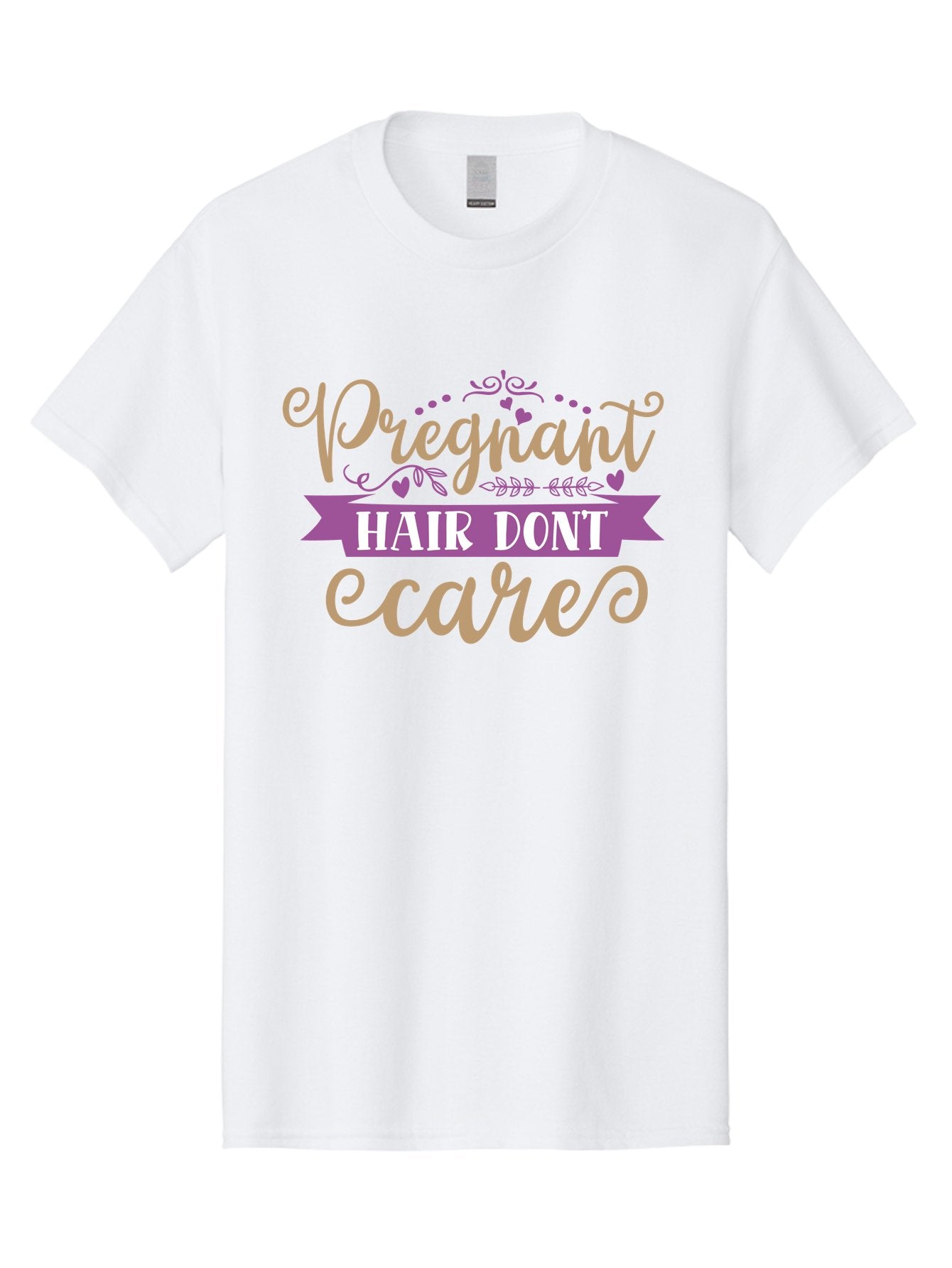 Pregnant-Hair-Don-T-Care Men'S Graphic Tee, 100% Cotton, Comfortable Casual Summer Wear, Machine Washable, Pregnancy Humor, Funny Quotes, Hair Care Jokes, Pink Script, Purple Banner, Pregnancy Memes, Expectant Mothers, Humorous Sayings, Aad468 8