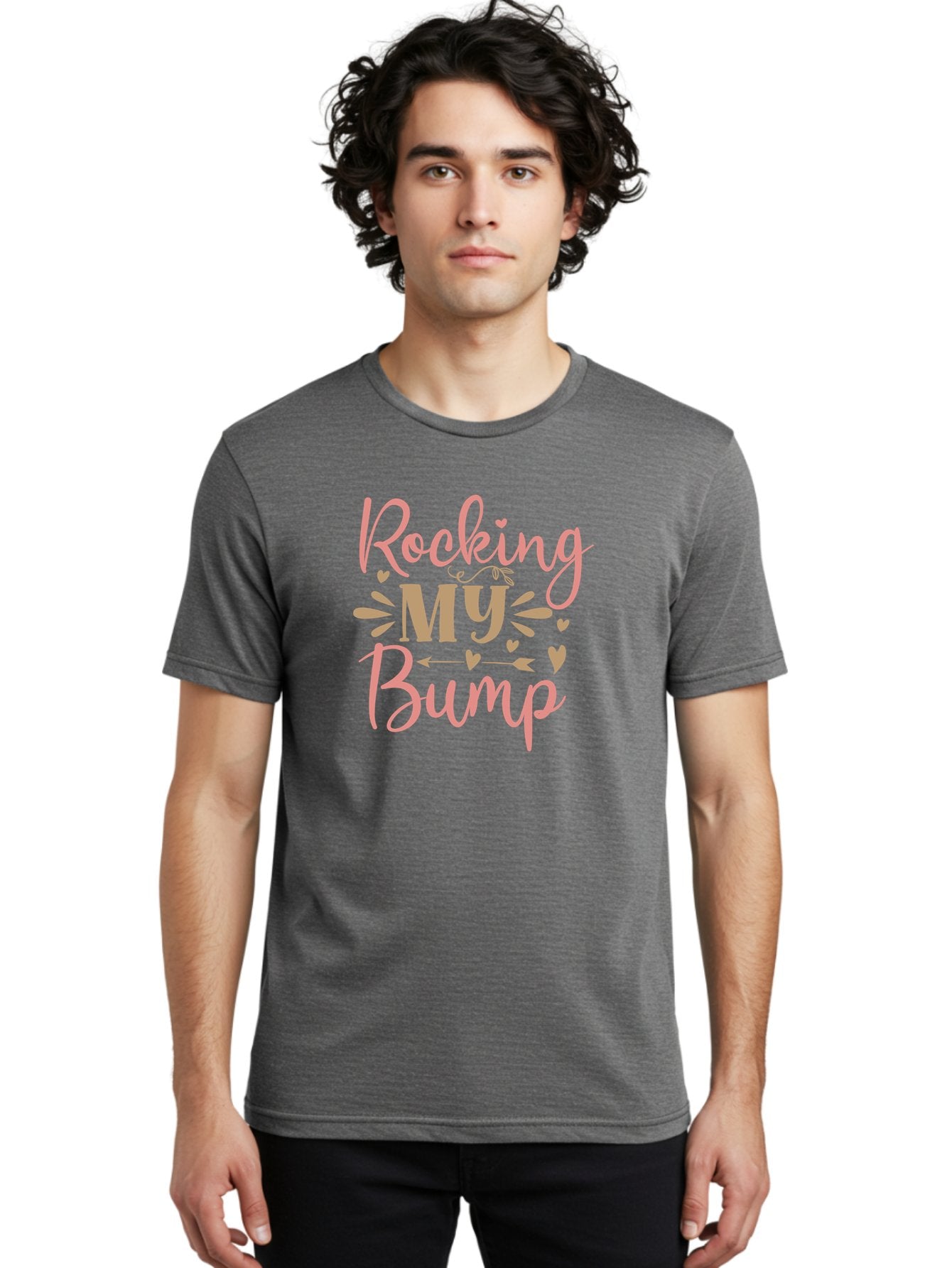 Rocking-My-Bump Men'S Graphic Tee, 100% Cotton, Comfortable Casual Summer Wear, Machine Washable, Baby Bump, Rocking My Baby Bump, Pink Cursive Text, Gold Lettering, Cute Designs, Pregnancy Announcement, Baby Shower, Hearts And Arrows, Aad473 21