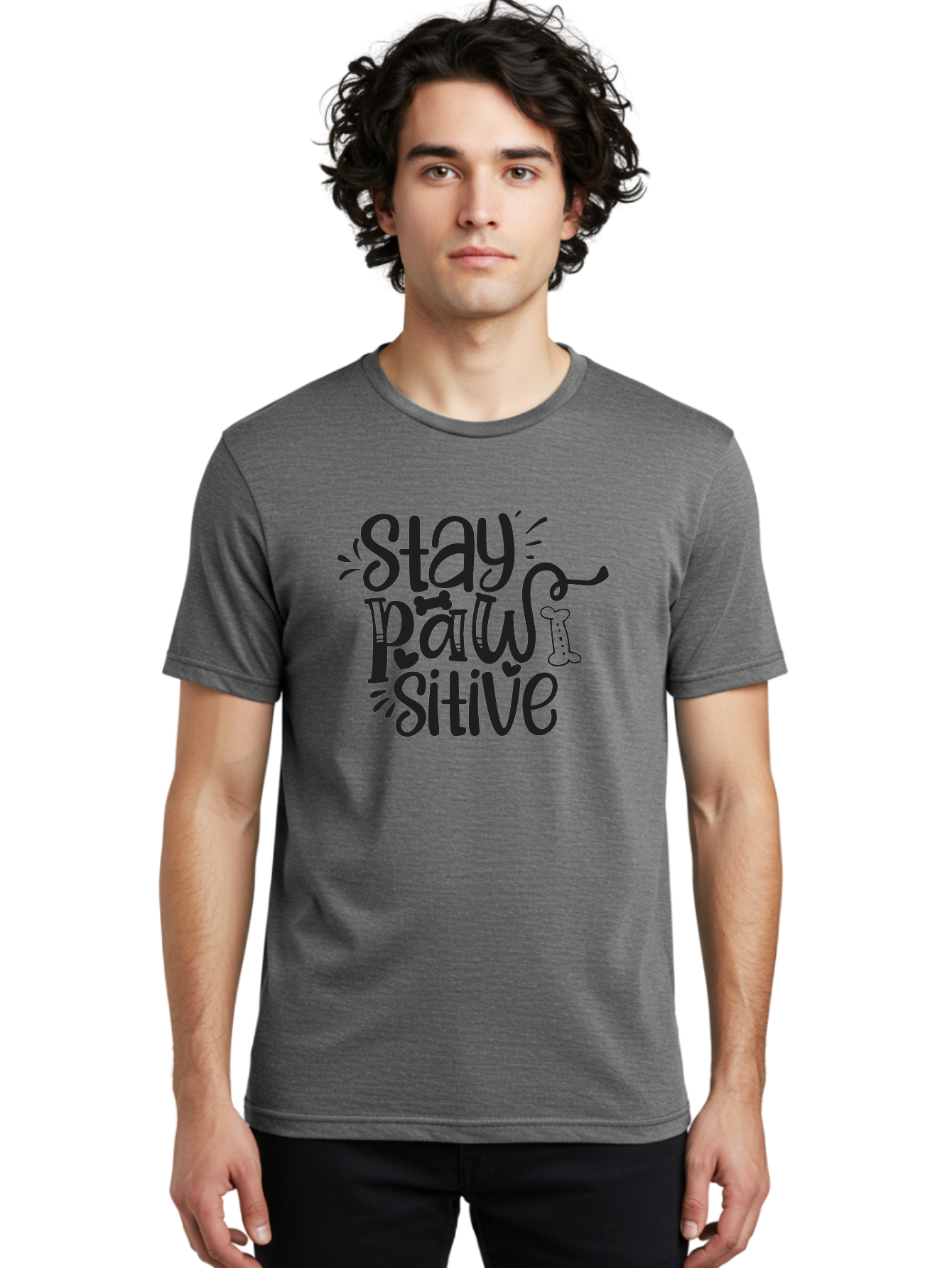 Stay-Paw-Sitive Men'S Graphic Tee, 100% Cotton, Comfortable Casual Summer Wear, Machine Washable, Dog Lover Quote, Positivity, Motivational Phrase, Paw Print, Dog Bones, Funny Dog Saying, Inspirational Quote, Pet Love, Stay Positive Aad482