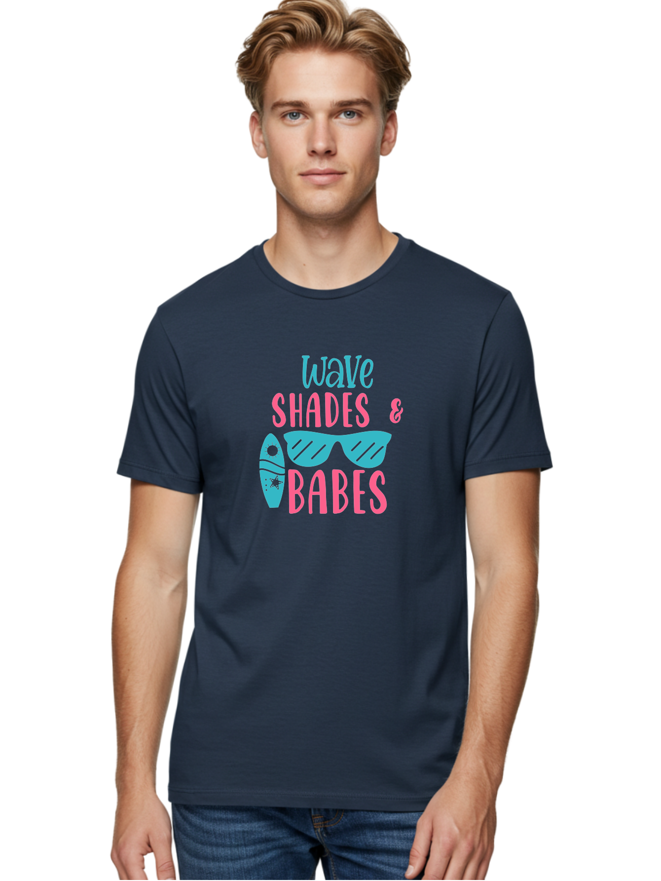Wave-Shades-Babes Men'S Graphic Tee, 100% Cotton, Comfortable Casual Summer Wear, Machine Washable, Surfing, Sunglasses, Beach Culture, Summer Vibes, Wave Riders, Cool Shades, Beach Babes, Summer Fashion Aad500