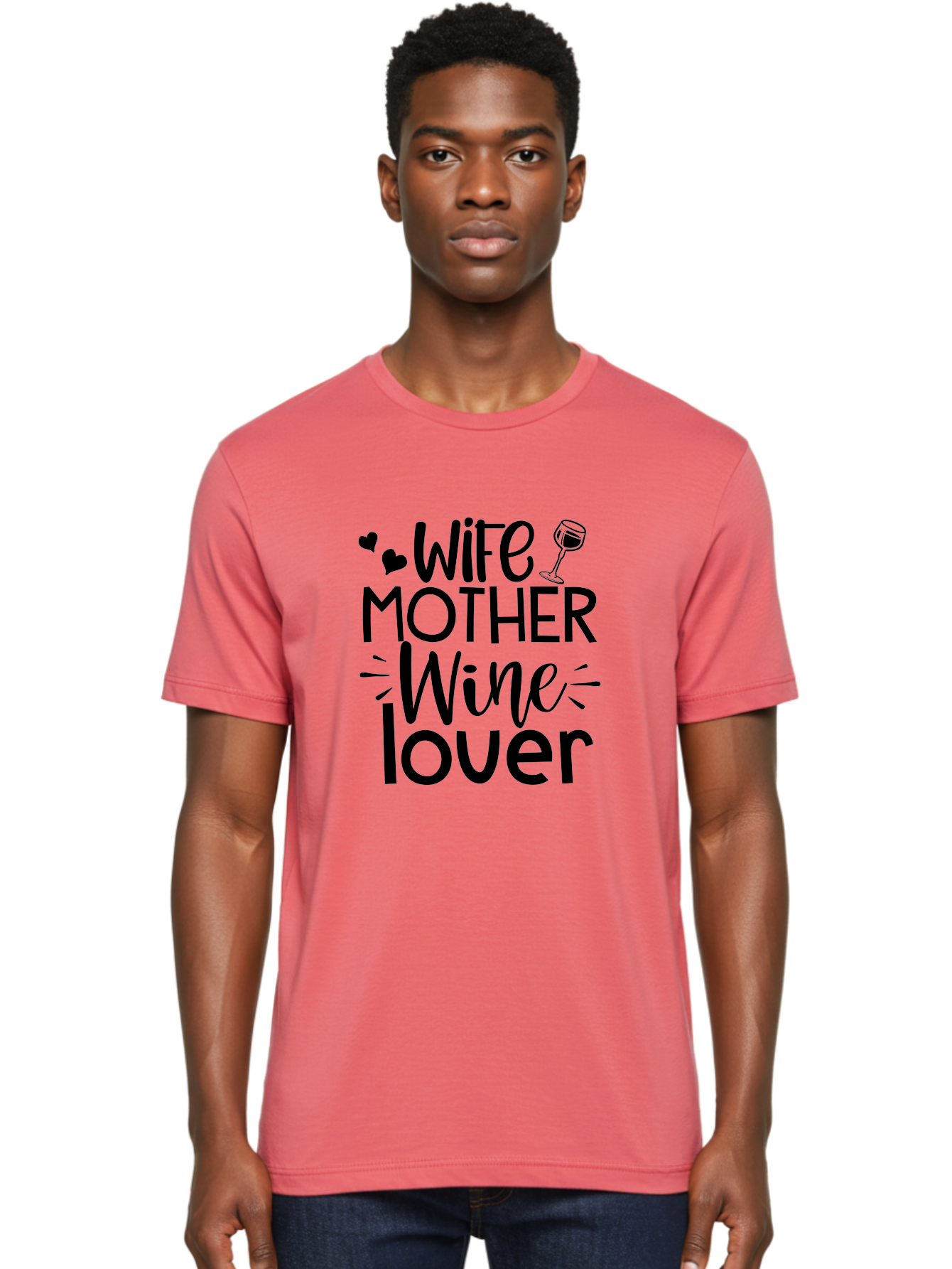 Wife-Mother-Wine-Lover Men'S Graphic Tee, 100% Cotton, Comfortable Casual Summer Wear, Machine Washable, Wife Mother Wine Lover, Wine Lover Quote, Funny Mom Quote, Humorous Wine Saying, Black Text Graphic, Wine Glass Illustration, Heart Symbol Aad502