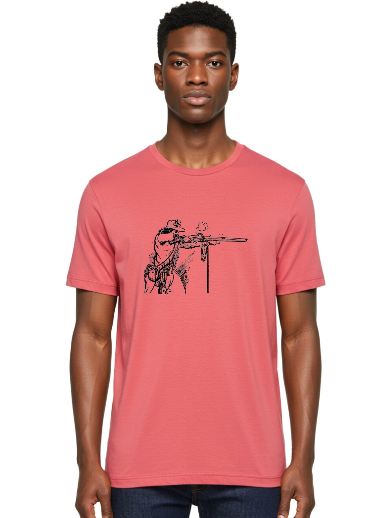 Cowboy-Firing-Rifle Men'S Graphic Tee, 100% Cotton, Comfortable Casual Summer Wear, Machine Washable, Cowboy Shooting Rifle, Western Art, Vintage Cowboy, Cowboy Hat, Rifle Smoke, Black And White Illustration, Cowboy Culture, Wild West Aad526 18