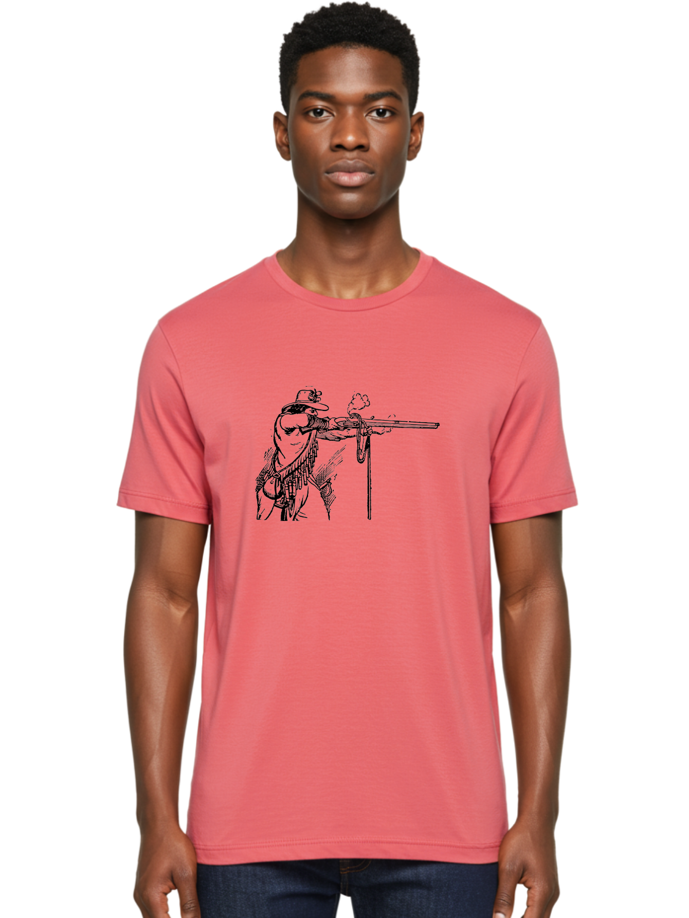 Cowboy-Firing-Rifle Men'S Graphic Tee, 100% Cotton, Comfortable Casual Summer Wear, Machine Washable, Cowboy Shooting Rifle, Western Art, Vintage Cowboy, Cowboy Hat, Rifle Smoke, Black And White Illustration, Cowboy Culture, Wild West Aad526 24
