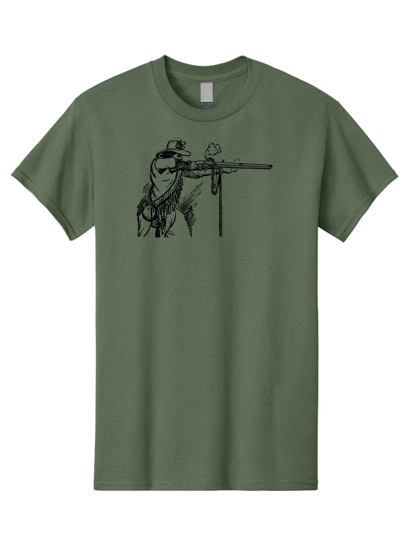Cowboy-Firing-Rifle Men'S Graphic Tee, 100% Cotton, Comfortable Casual Summer Wear, Machine Washable, Cowboy Shooting Rifle, Western Art, Vintage Cowboy, Cowboy Hat, Rifle Smoke, Black And White Illustration, Cowboy Culture, Wild West Aad526 14